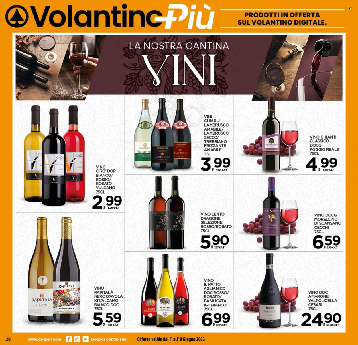 thumbnail - Volantino Interspar - 1/6/2023 - 8/6/2023 - Prodotti in offerta - vino bianco, vino rosso, Valpolicella, Chianti, Nero d'Avola, Lambrusco, vino, Morellino, Trebbiano. Pagina 28.