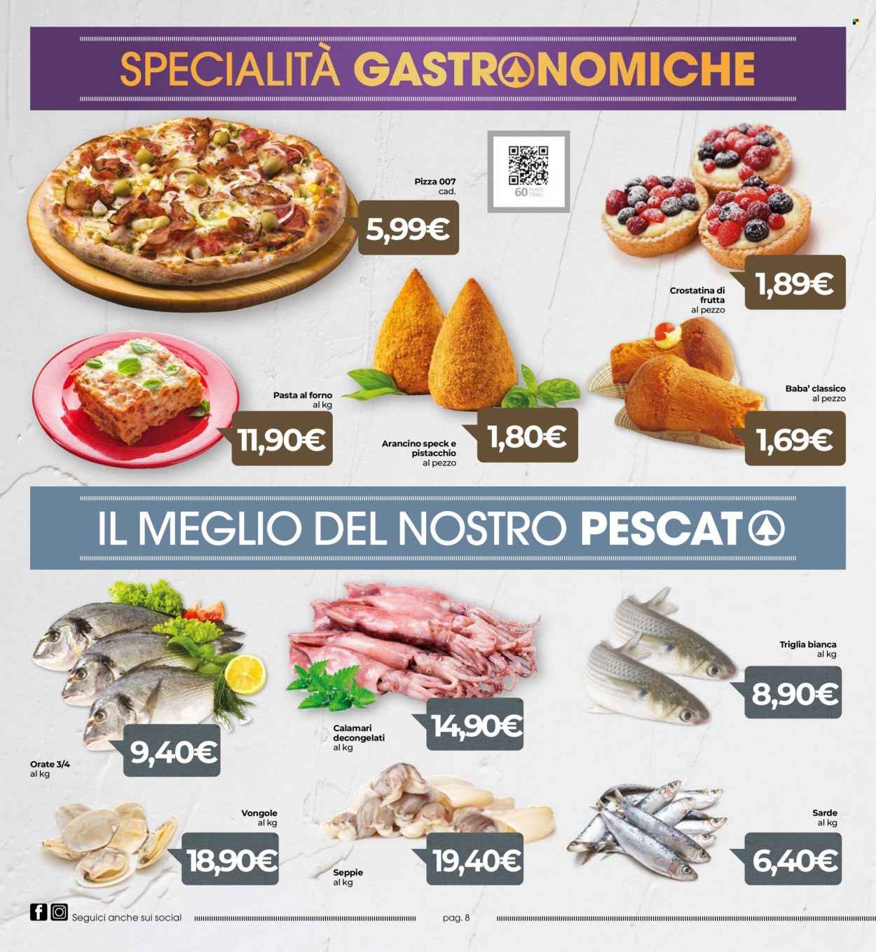 thumbnail - Volantino Eurospar - 2/6/2023 - 11/6/2023 - Prodotti in offerta - crostatina, vongole, calamari, sarde, seppie, triglia, arancini, pizza, pasta. Pagina 8.