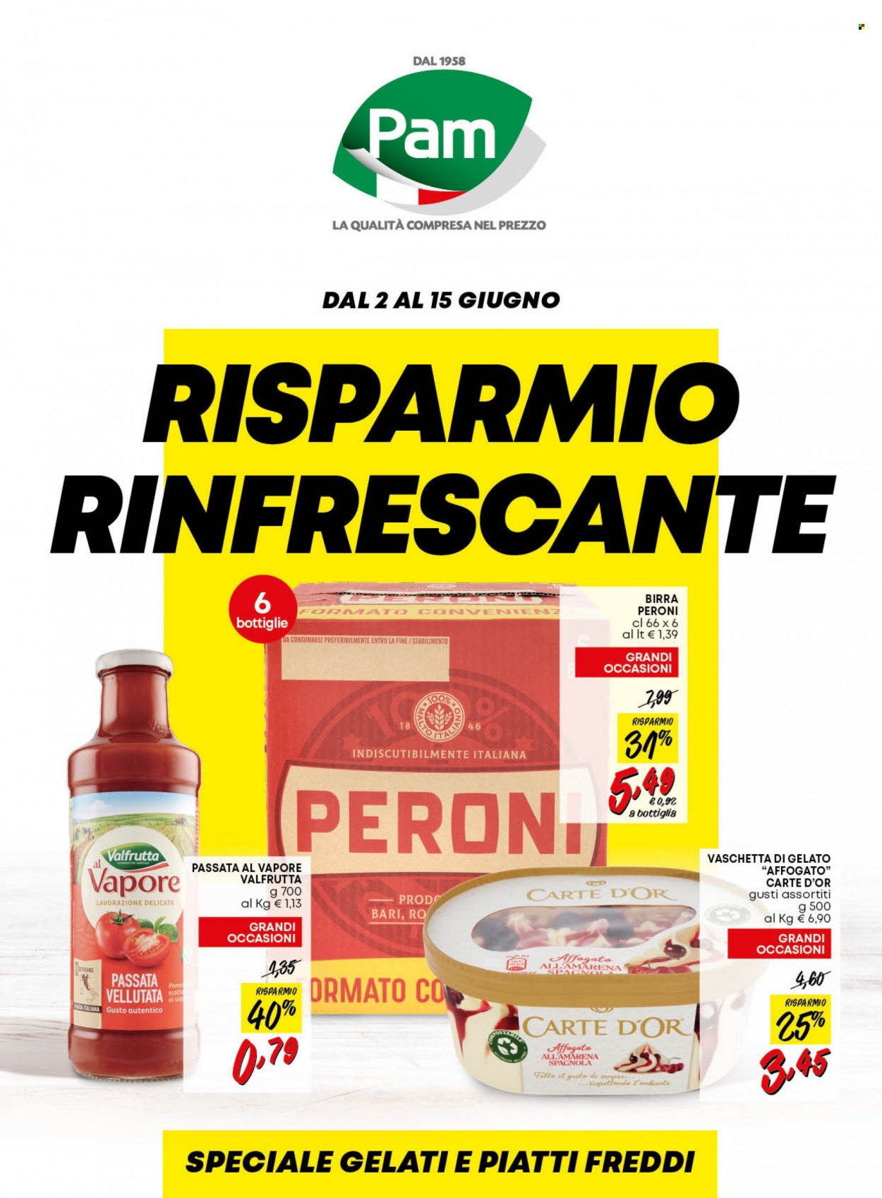 thumbnail - Volantino Pam Panorama - 2/6/2023 - 15/6/2023 - Prodotti in offerta - Peroni, birra, Carte d'Or, gelato, Valfrutta, passata di pomodoro, piatti. Pagina 1.