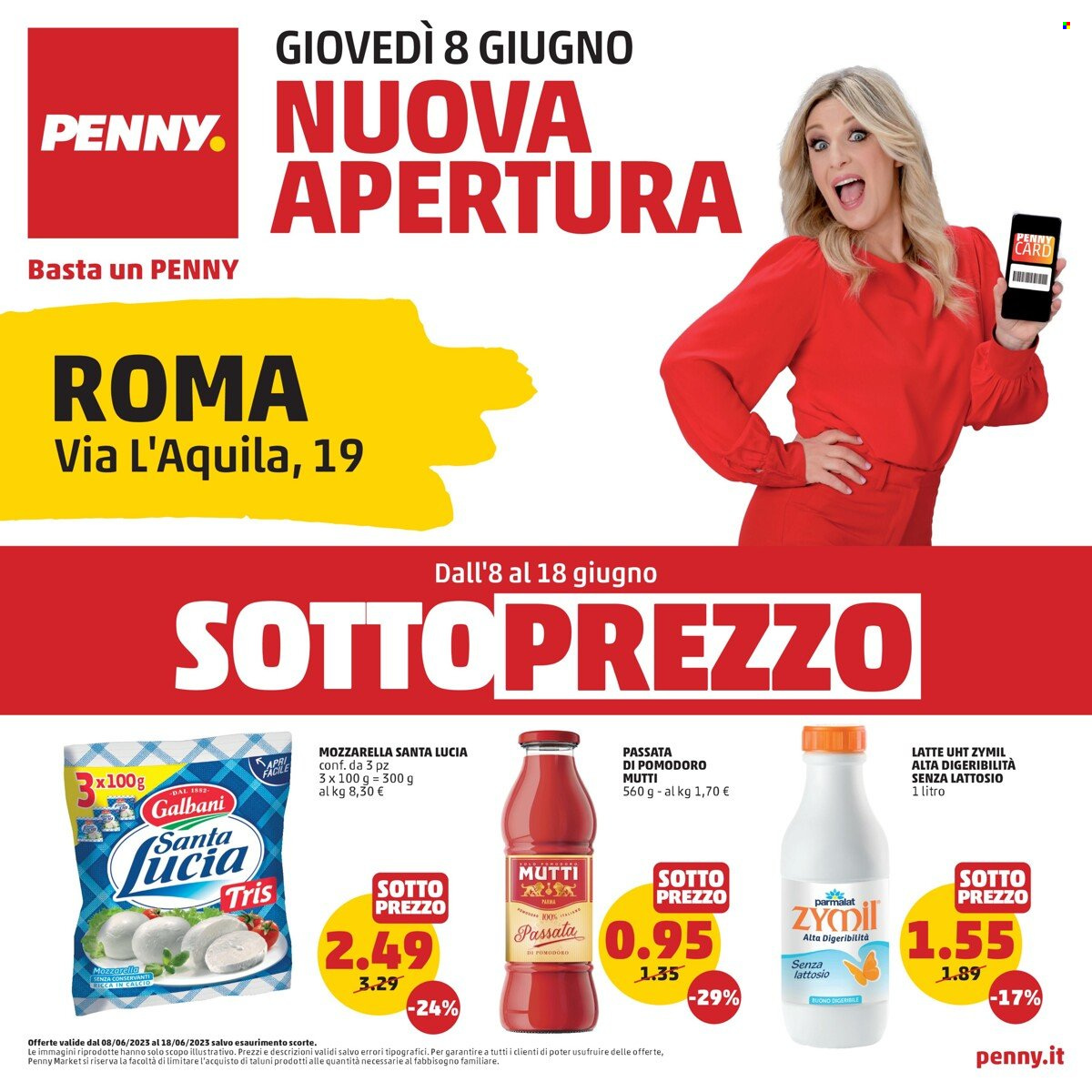 thumbnail - Volantino Penny Market - 8/6/2023 - 18/6/2023 - Prodotti in offerta - Galbani, formaggio, mozzarella, Parmalat, Zymil, latte, passata di pomodoro, Mutti. Pagina 1.