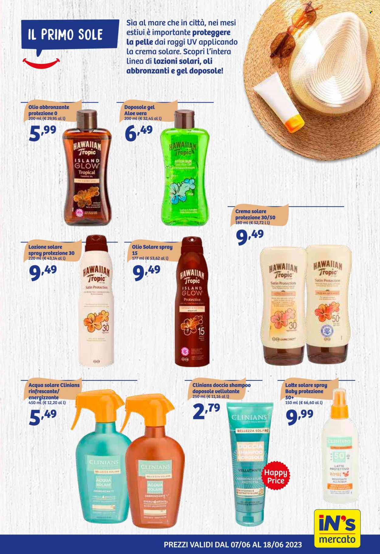 thumbnail - Volantino iN's Mercato - 7/6/2023 - 18/6/2023 - Prodotti in offerta - olio, docciashampoo, Clinians, crema solare, shampoo, latte solare, gel doposole. Pagina 11.