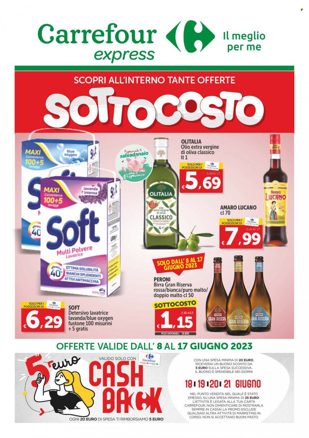 thumbnail - Volantino Carrefour - 8/6/2023 - 17/6/2023 - Prodotti in offerta - Peroni, birra, olio, olio extra vergine di oliva, detersivo per lavatrice. Pagina 1.
