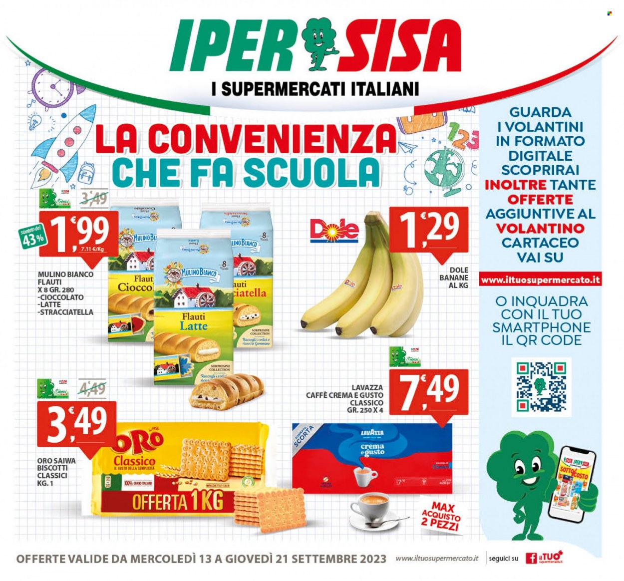 Volantino SISA - 13/9/2023 - 21/9/2023 - Prodotti in offerta - Mulino Bianco, banane, biscotti, Oro Saiwa, caffè, Lavazza. Pagina 1.