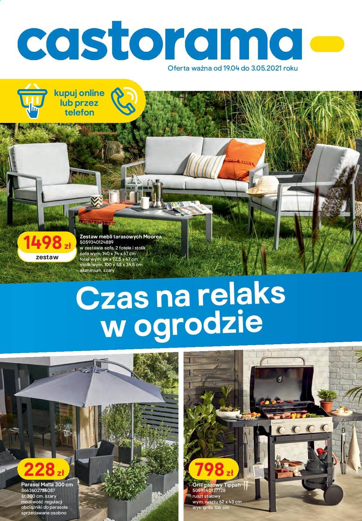 Gazetka Castorama - 19.04.2021 - 3.05.2021 - Produkty w akcji - stolik, sofa, fotel, grill, grill gazowy. Strona 1.
