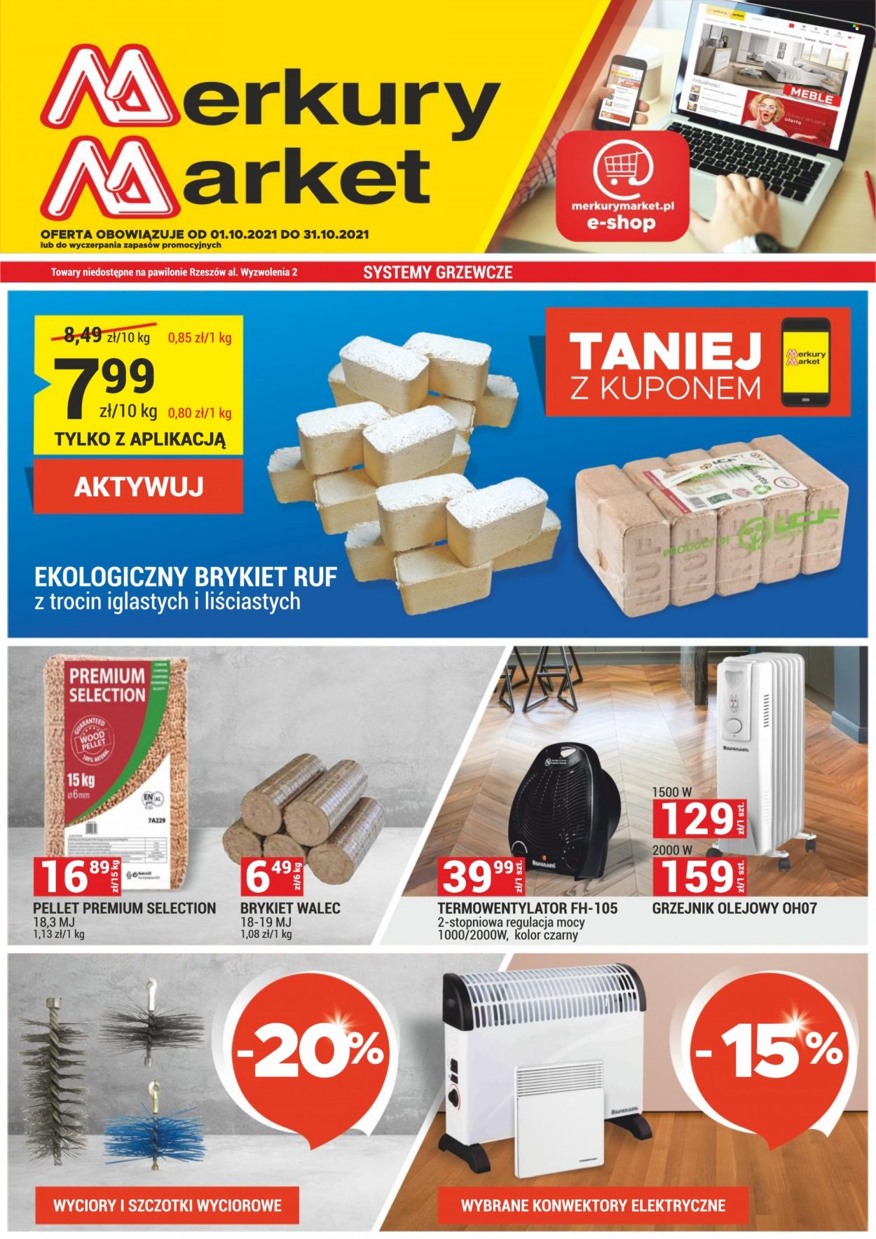 Gazetka Merkury Market - 1.10.2021 - 31.10.2021 - Produkty w akcji - wałek, termowentylator, grzejnik, pellet, brykiety. Strona 1.