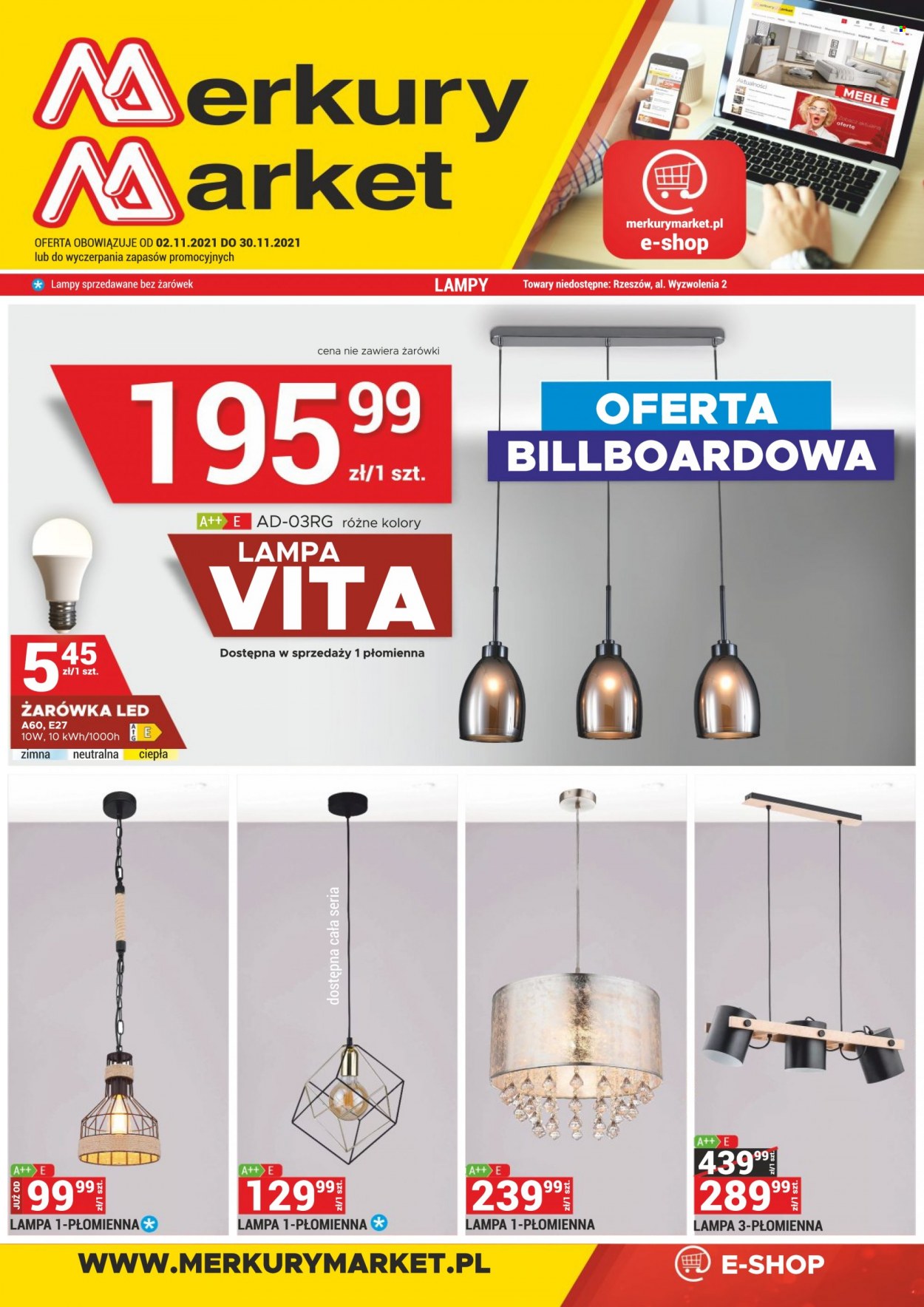 Gazetka Merkury Market - 2.11.2021 - 30.11.2021 - Produkty w akcji - żarówka LED, lampa. Strona 1.