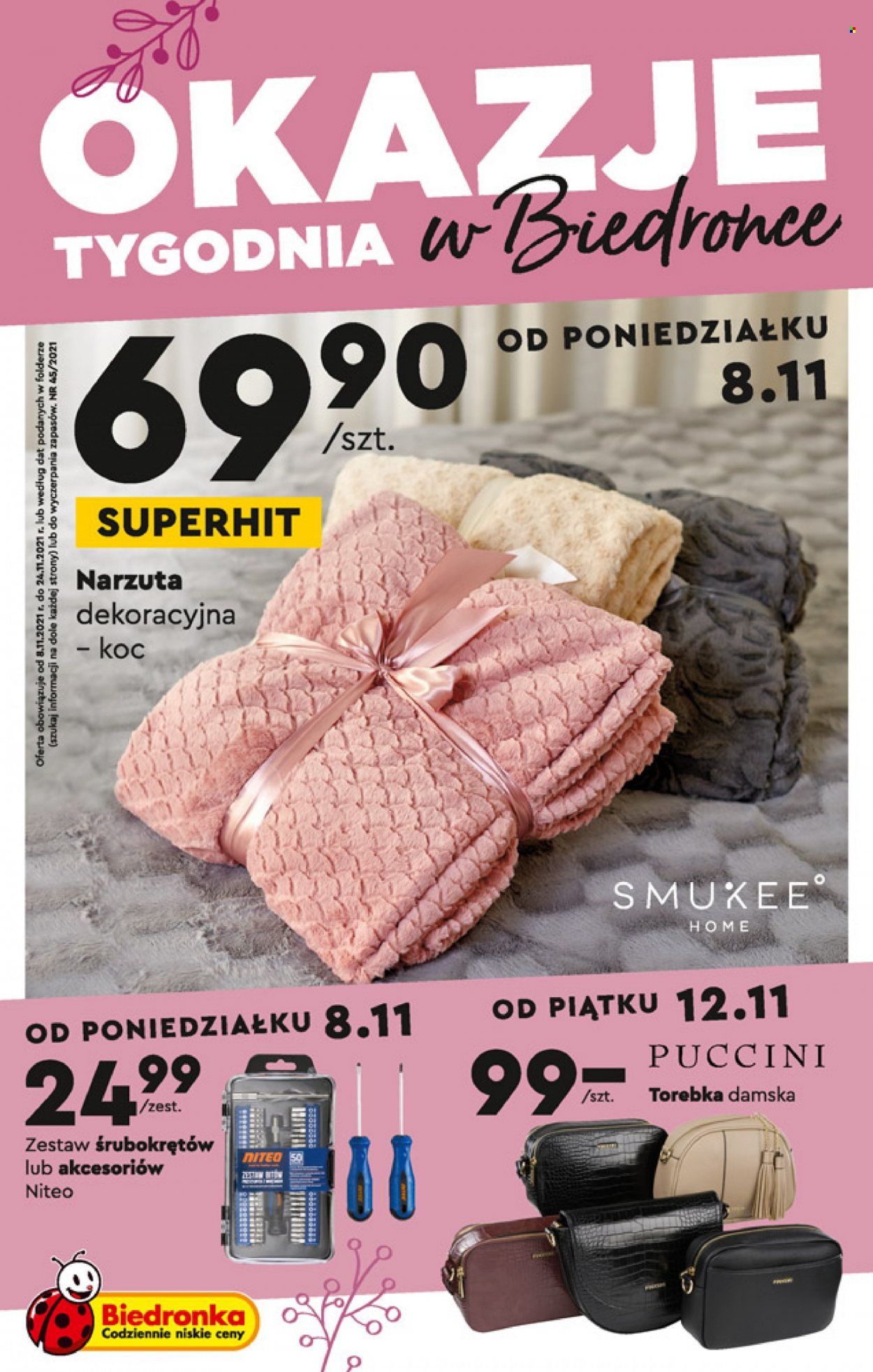 Gazetka Biedronka - 8.11.2021 - 24.11.2021 - Produkty w akcji - torebka, koc, narzuta. Strona 1.