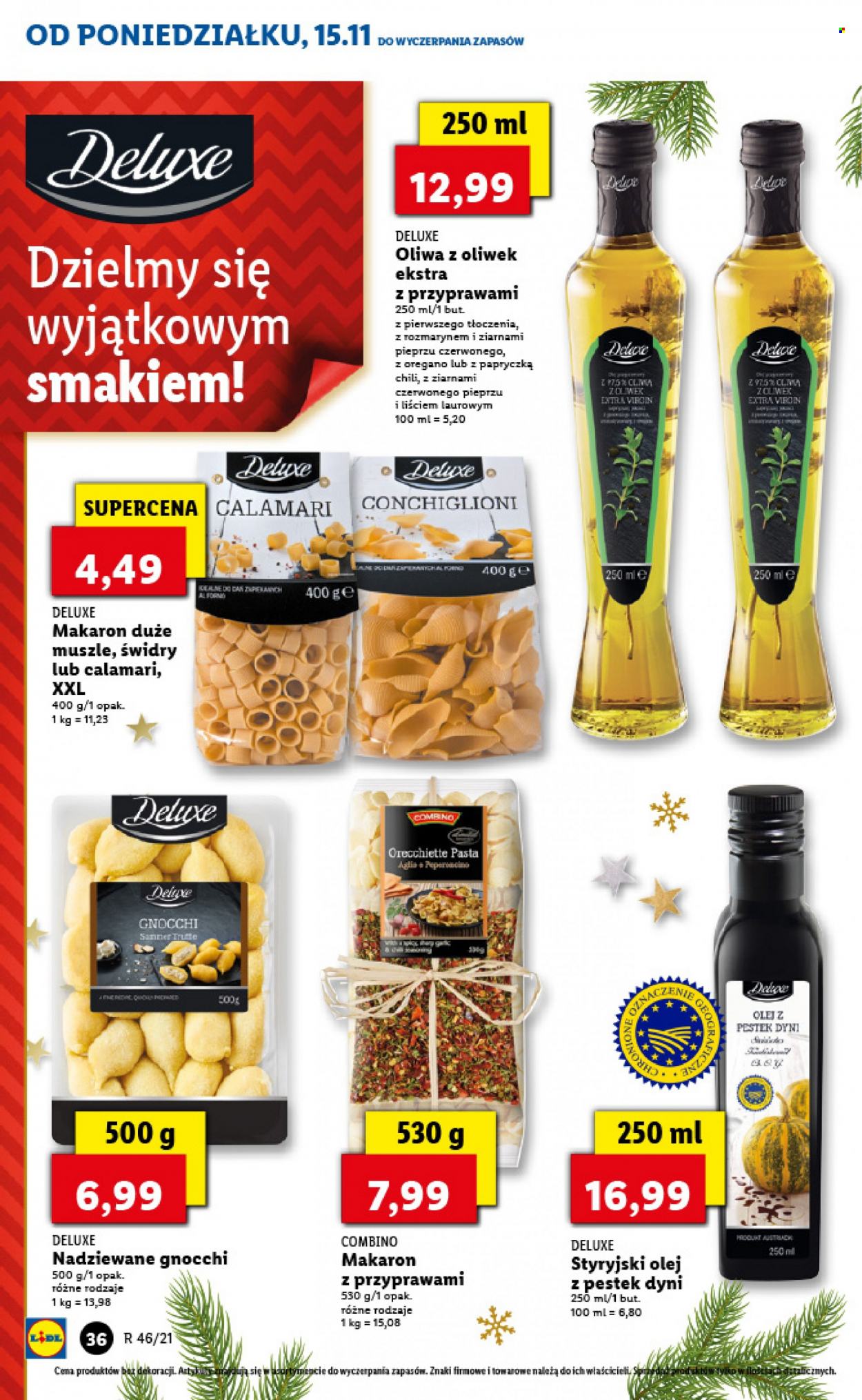 Gazetka Lidl - 15.11.2021 - 17.11.2021 - Produkty w akcji - olej, papryczki pikantne, makaron, gnocchi, olej oliwkowy, olej dyniowy. Strona 36.