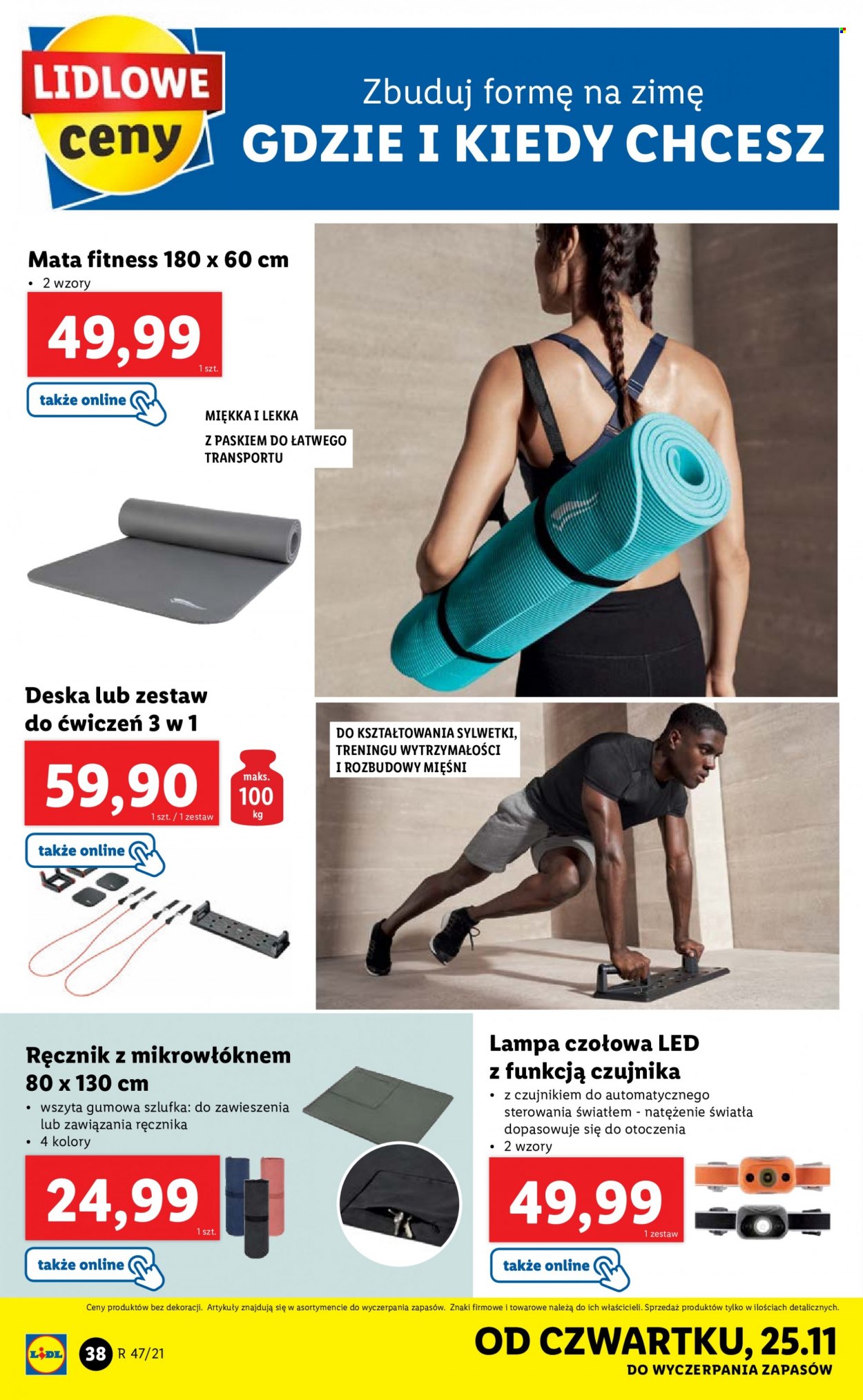 Gazetka Lidl - 22.11.2021 - 28.11.2021 - Produkty w akcji - akcesoria do fitnessu, mata, ręcznik, latarka czołowa. Strona 38.