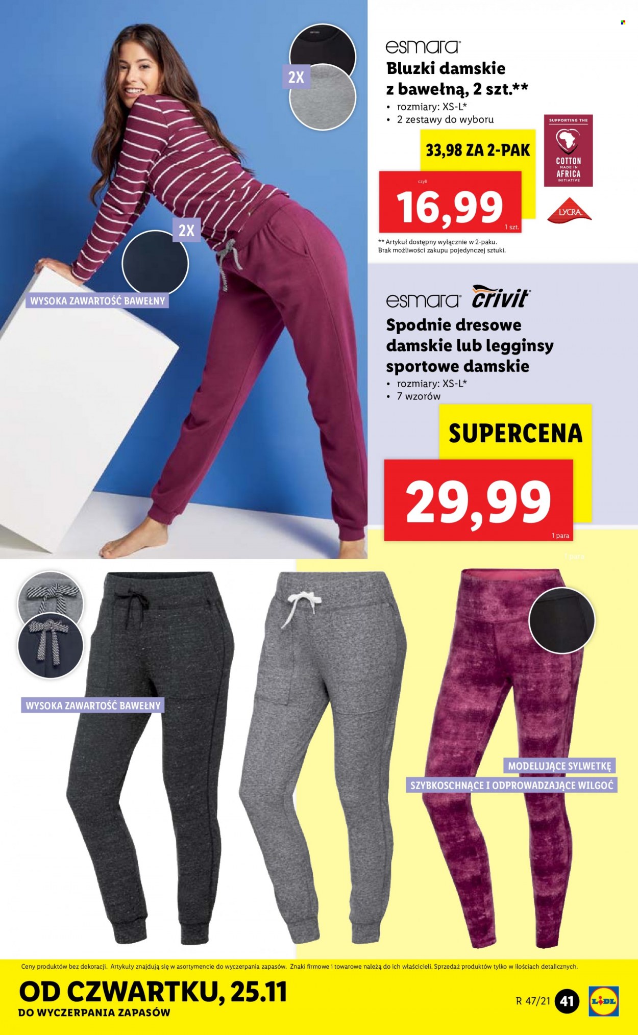 Gazetka Lidl - 22.11.2021 - 28.11.2021 - Produkty w akcji - Crivit, Esmara, legginsy, spodnie, spodnie dresowe, bluza. Strona 41.