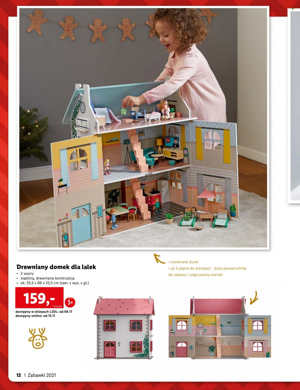 Gazetka Lidl - Produkty w akcji - domek dla lalek, zabawki drewniane, drzwi. Strona 12.