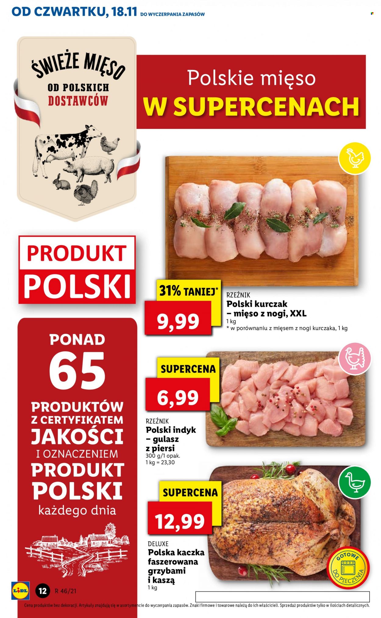 Gazetka Lidl - 18.11.2021 - 21.11.2021 - Produkty w akcji - kaczka, mięso z indyka, kaczka faszerowana, mięso z kaczki, noga z kurczaka, mięso z kurczaka. Strona 12.