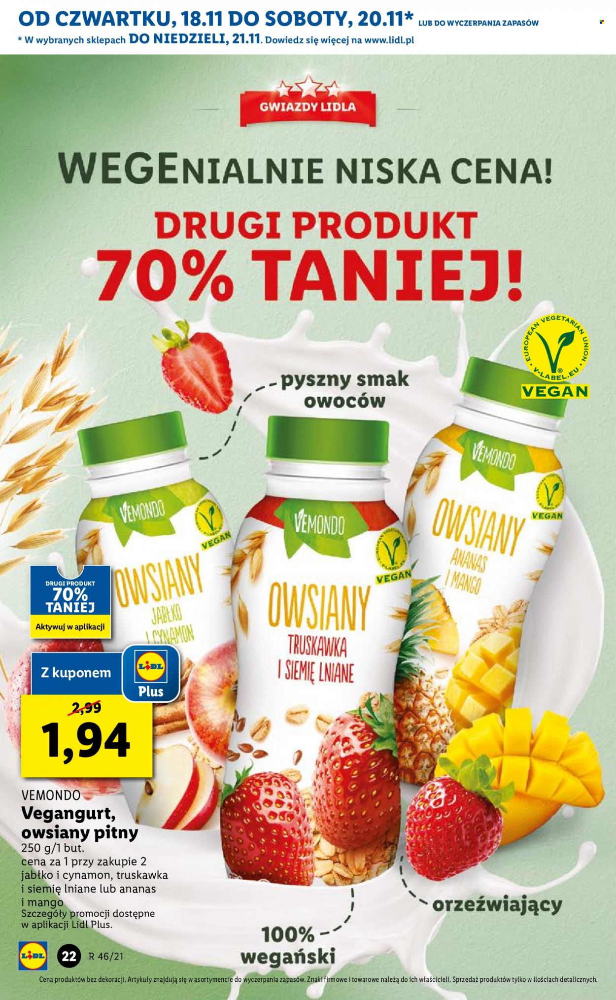 Gazetka Lidl - 18.11.2021 - 21.11.2021 - Produkty w akcji - wegański jogurt, jogurt pitny. Strona 22.