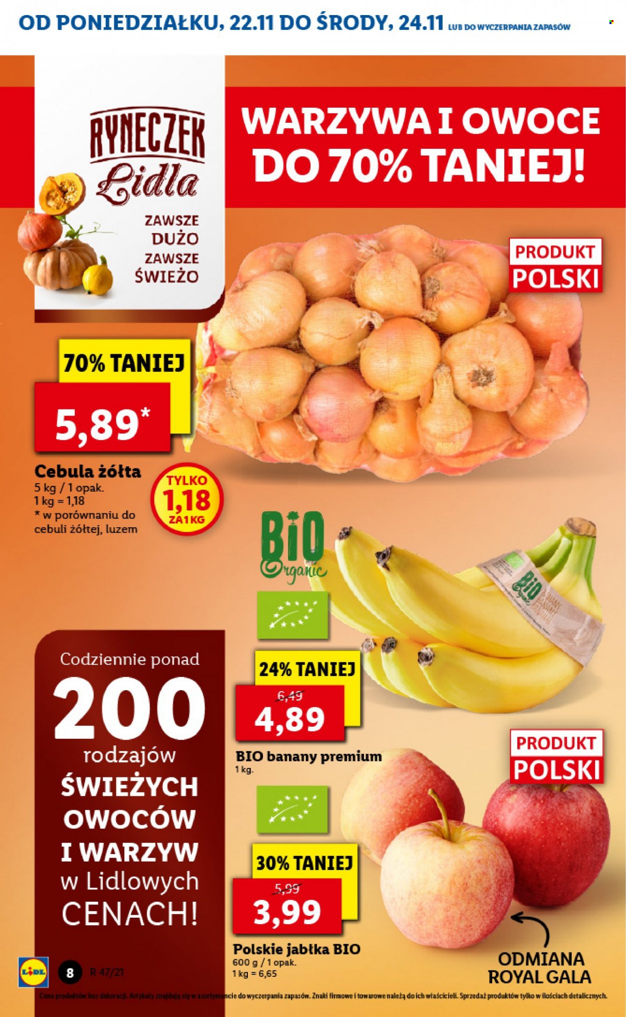 Gazetka Lidl - 22.11.2021 - 24.11.2021 - Produkty w akcji - cebula zółta, cebula, banany, jabłka. Strona 8.