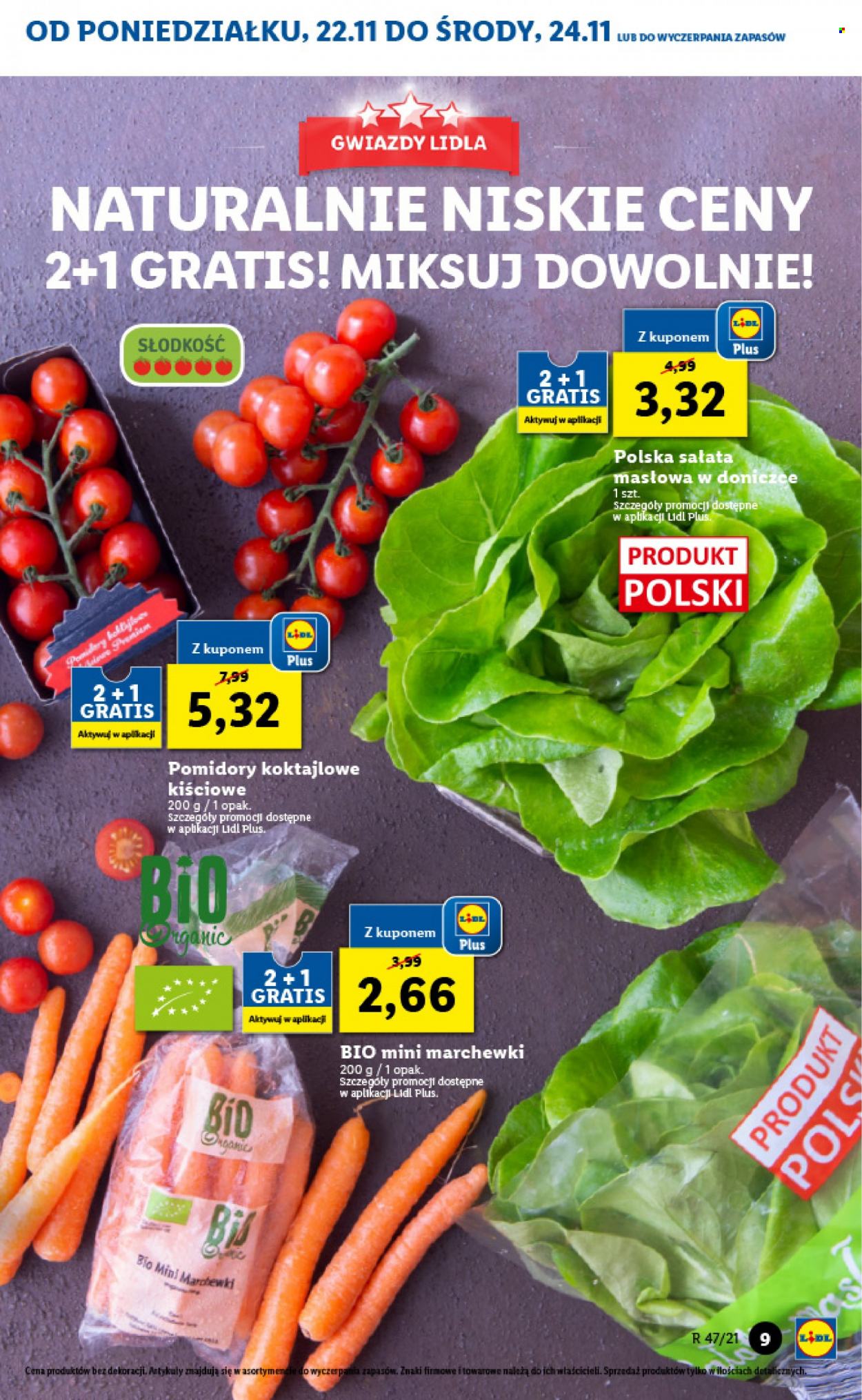 Gazetka Lidl - 22.11.2021 - 24.11.2021 - Produkty w akcji - marchewka, pomidory, sałata masłowa, pomidorki, sałata. Strona 9.