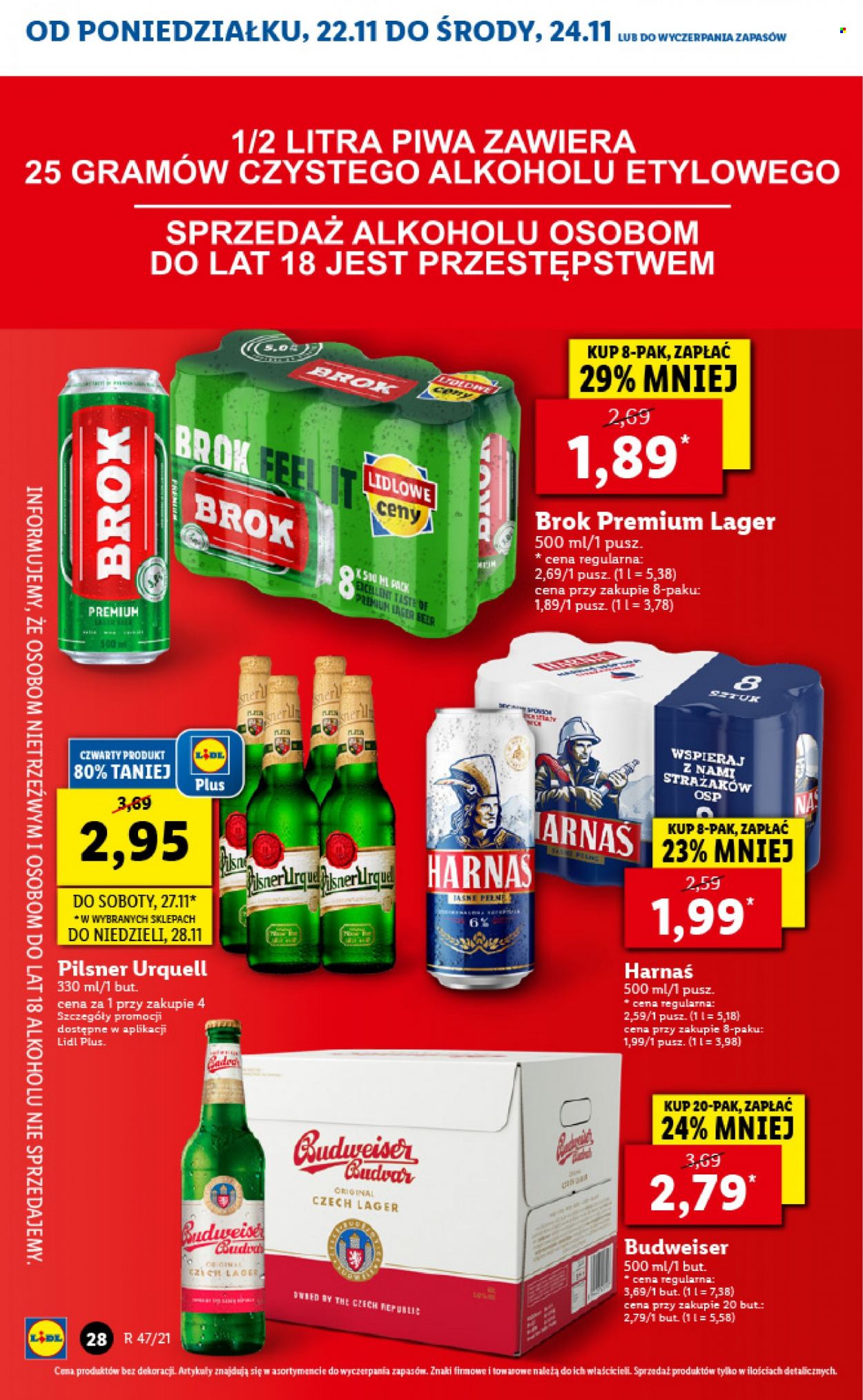 Gazetka Lidl - 22.11.2021 - 24.11.2021 - Produkty w akcji - Harnaś, Pilsner Urquell, piwo, Budweiser, Brok, Sony. Strona 28.