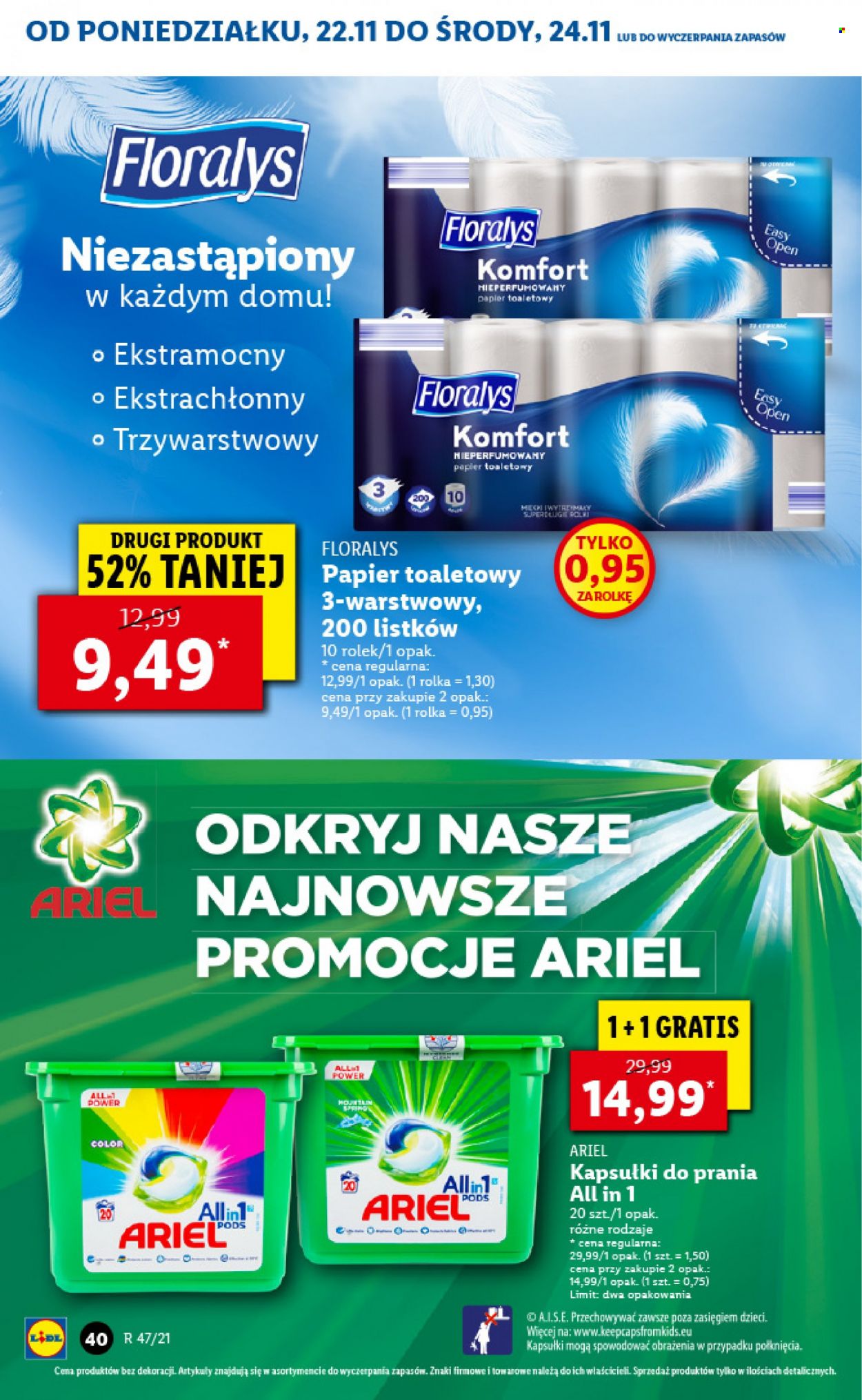 Gazetka Lidl - 22.11.2021 - 24.11.2021 - Produkty w akcji - papier toaletowy, Floralys, Ariel, kapsułki do prania. Strona 40.
