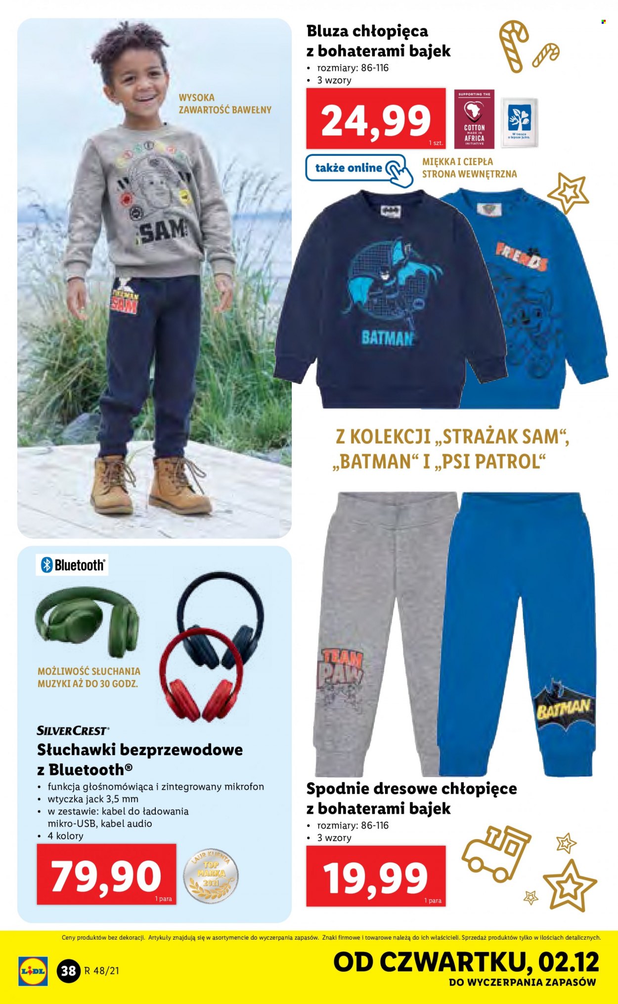 Gazetka Lidl - 29.11.2021 - 5.12.2021 - Produkty w akcji - bluza, bluza dziecięca, słuchawki, słuchawki bezprzewodowe, spodnie, spodnie dresowe. Strona 38.