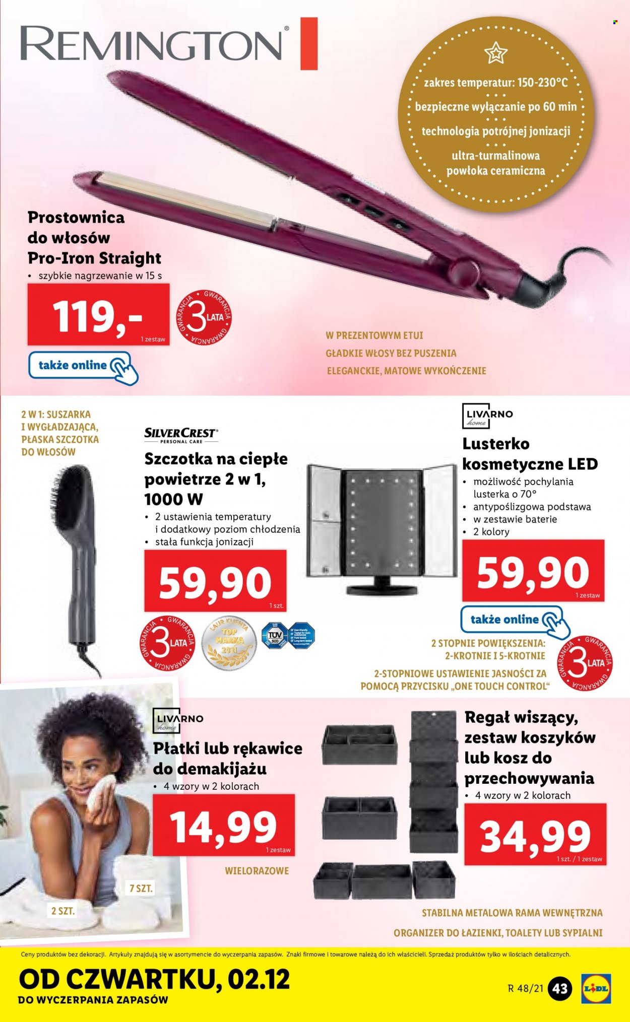 Gazetka Lidl - 29.11.2021 - 5.12.2021 - Produkty w akcji - prostownica do włosów, lusterko kosmetyczne, szczotka, rękawice, kosz, kosz do przechowywania, regał. Strona 43.
