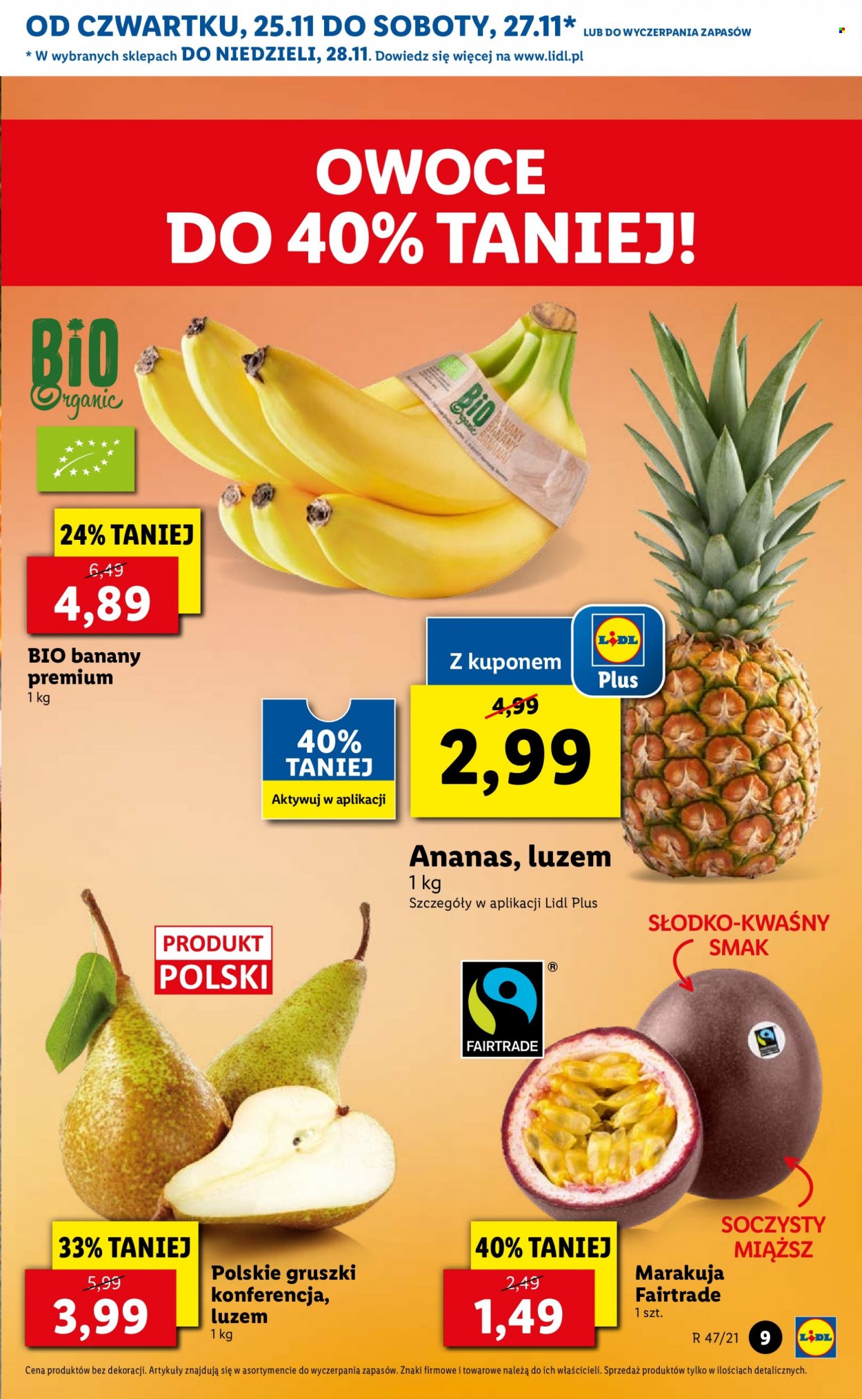 Gazetka Lidl - 25.11.2021 - 28.11.2021 - Produkty w akcji - banany, gruszki, marakuja, ananas. Strona 9.