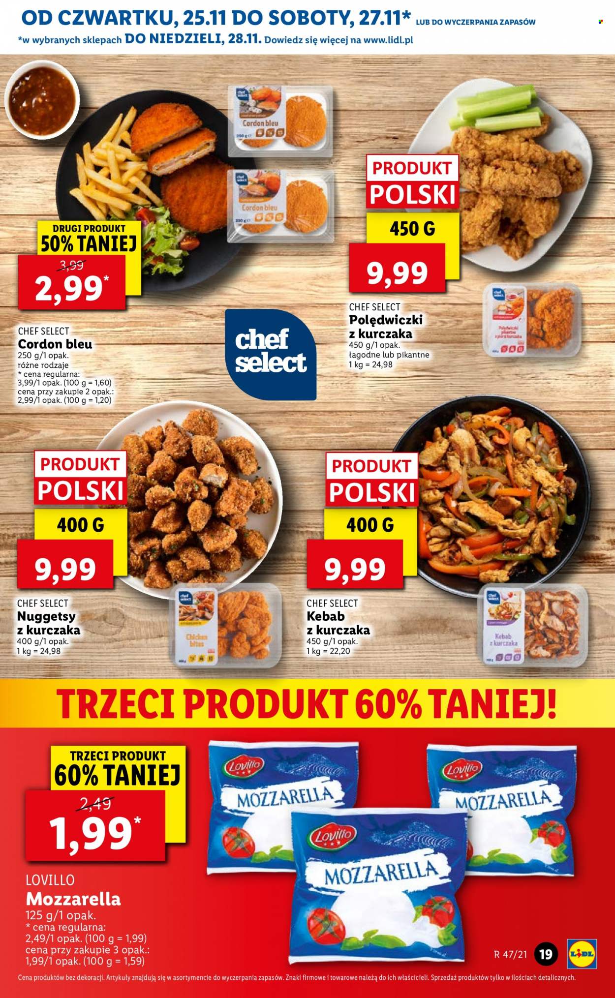 Gazetka Lidl - 25.11.2021 - 28.11.2021 - Produkty w akcji - danie gotowe, Cordon Bleu, nuggets z kurczaka, mozzarella, ser. Strona 19.