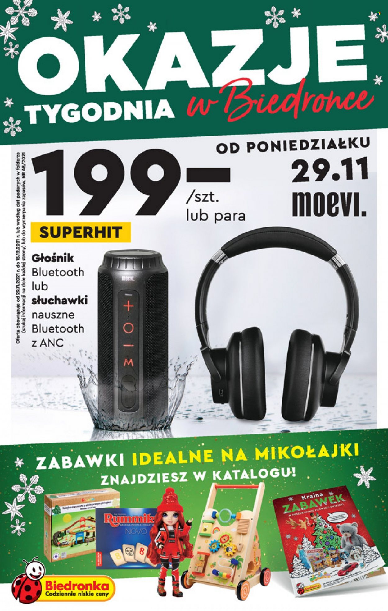 Gazetka Biedronka - 29.11.2021 - 15.12.2021 - Produkty w akcji - zabawka, głośnik, głośnik bluetooth, słuchawki, słuchawki bluetooth. Strona 1.