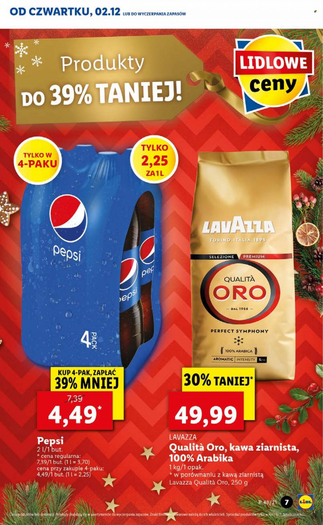 Gazetka Lidl - 2.12.2021 - 5.12.2021 - Produkty w akcji - Pepsi, lemoniada, kawa ziarnista, Lavazza, kawa. Strona 7.