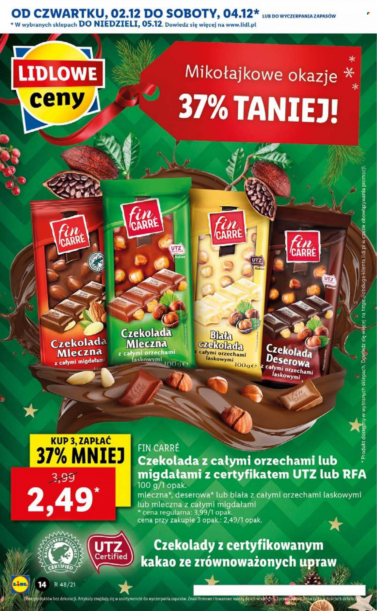 Gazetka Lidl - 2.12.2021 - 5.12.2021 - Produkty w akcji - czekolada, czekolada mleczna, Fin Carré. Strona 14.