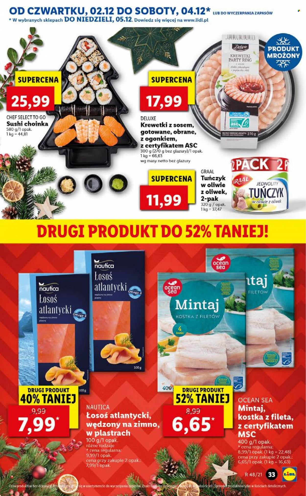 Gazetka Lidl - 2.12.2021 - 5.12.2021 - Produkty w akcji - mintaj, łosoś, sushi, Graal, konserwy z tuńczyka, choinka, Omega-3. Strona 33.