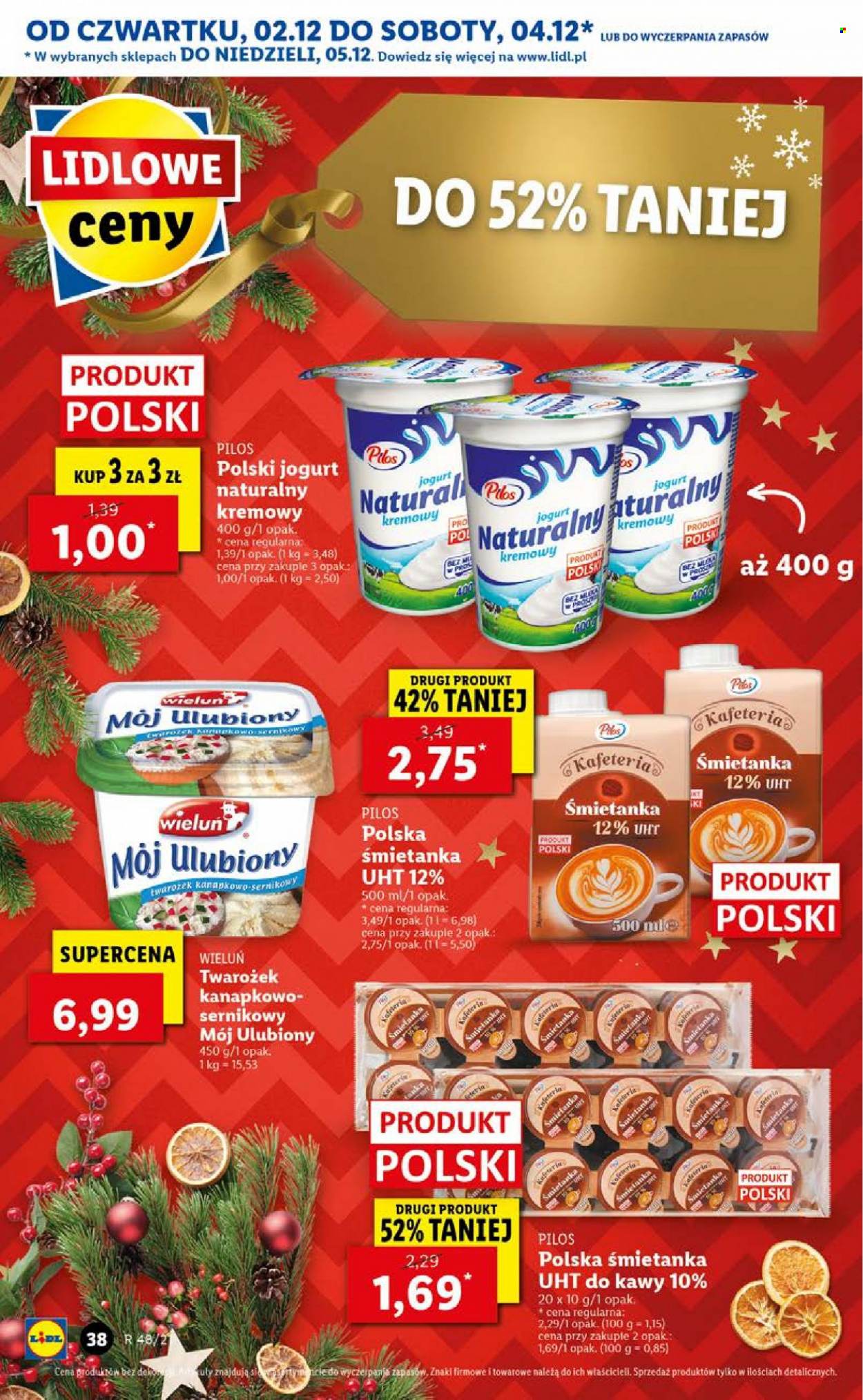 Gazetka Lidl - 2.12.2021 - 5.12.2021 - Produkty w akcji - Pilos, jogurt, jogurt naturalny, twarożek, śmietanka. Strona 38.