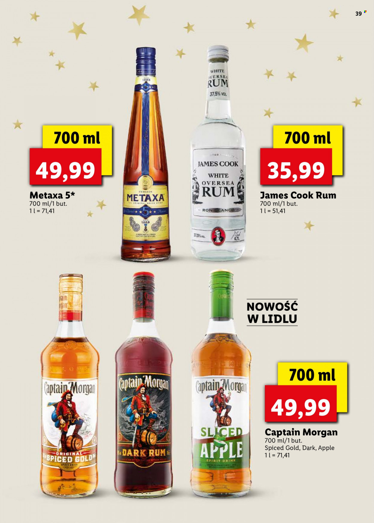 Gazetka Lidl - 29.12.2021 - 2.01.2022 - Produkty w akcji - alkohole, brandy, Metaxa, James Cook, rum, Captain Morgan. Strona 39.
