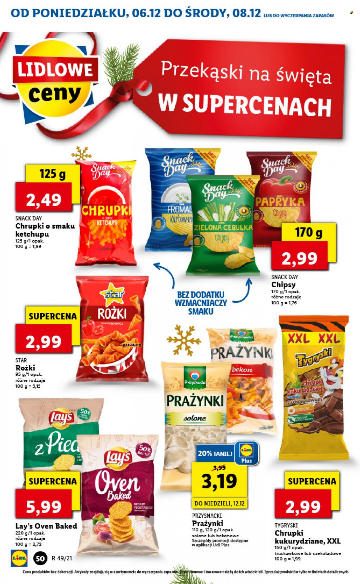 Gazetka Lidl - 6.12.2021 - 8.12.2021 - Produkty w akcji - Tygryski, Przysnacki, chipsy, chrupki, Lay’s, prazynki, Snack Day. Strona 50.