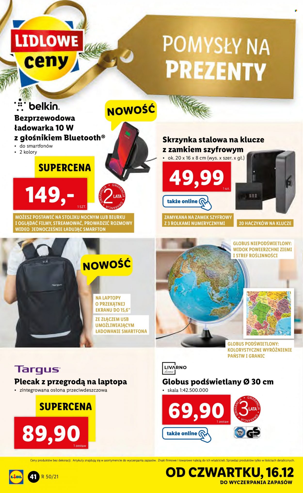 Gazetka Lidl - 13.12.2021 - 19.12.2021 - Produkty w akcji - skrzynka na klucze, ładowarka, globus, plecak. Strona 40.