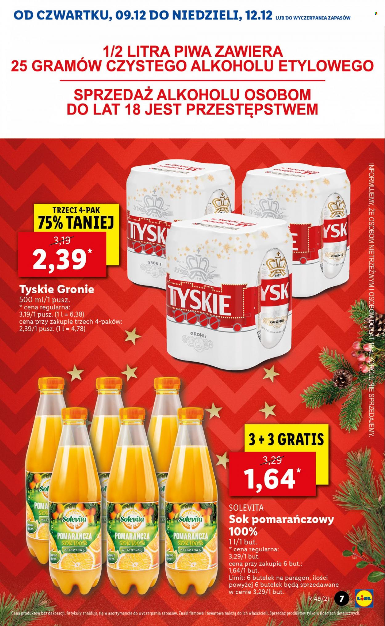 Gazetka Lidl - 9.12.2021 - 12.12.2021 - Produkty w akcji - Tyskie, pomarańcze, sok, sok pomarańczowy, Solevita. Strona 7.