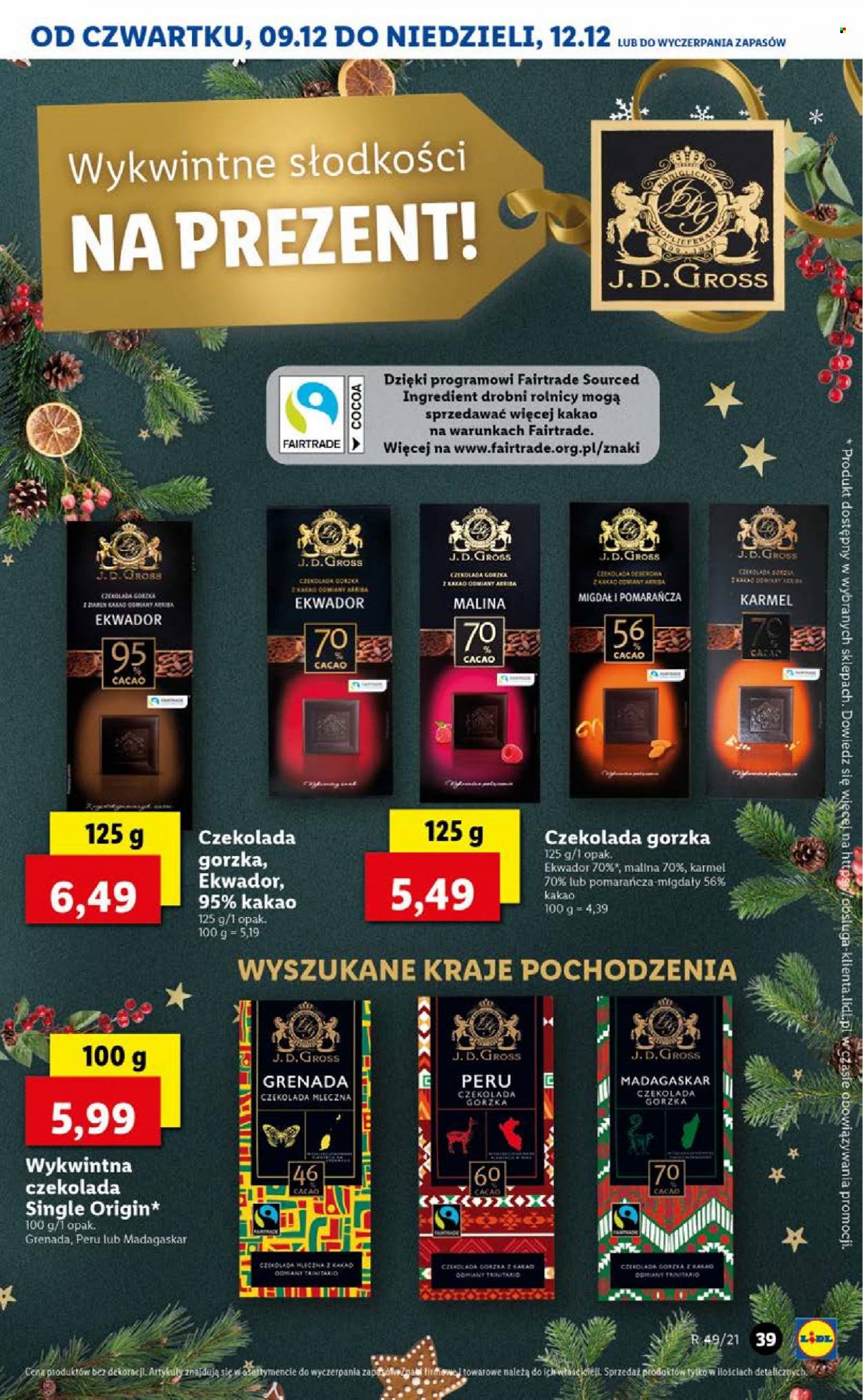Gazetka Lidl - 9.12.2021 - 12.12.2021 - Produkty w akcji - pomarańcze, maliny, czekolada, czekolada gorzka, czekolada mleczna. Strona 39.