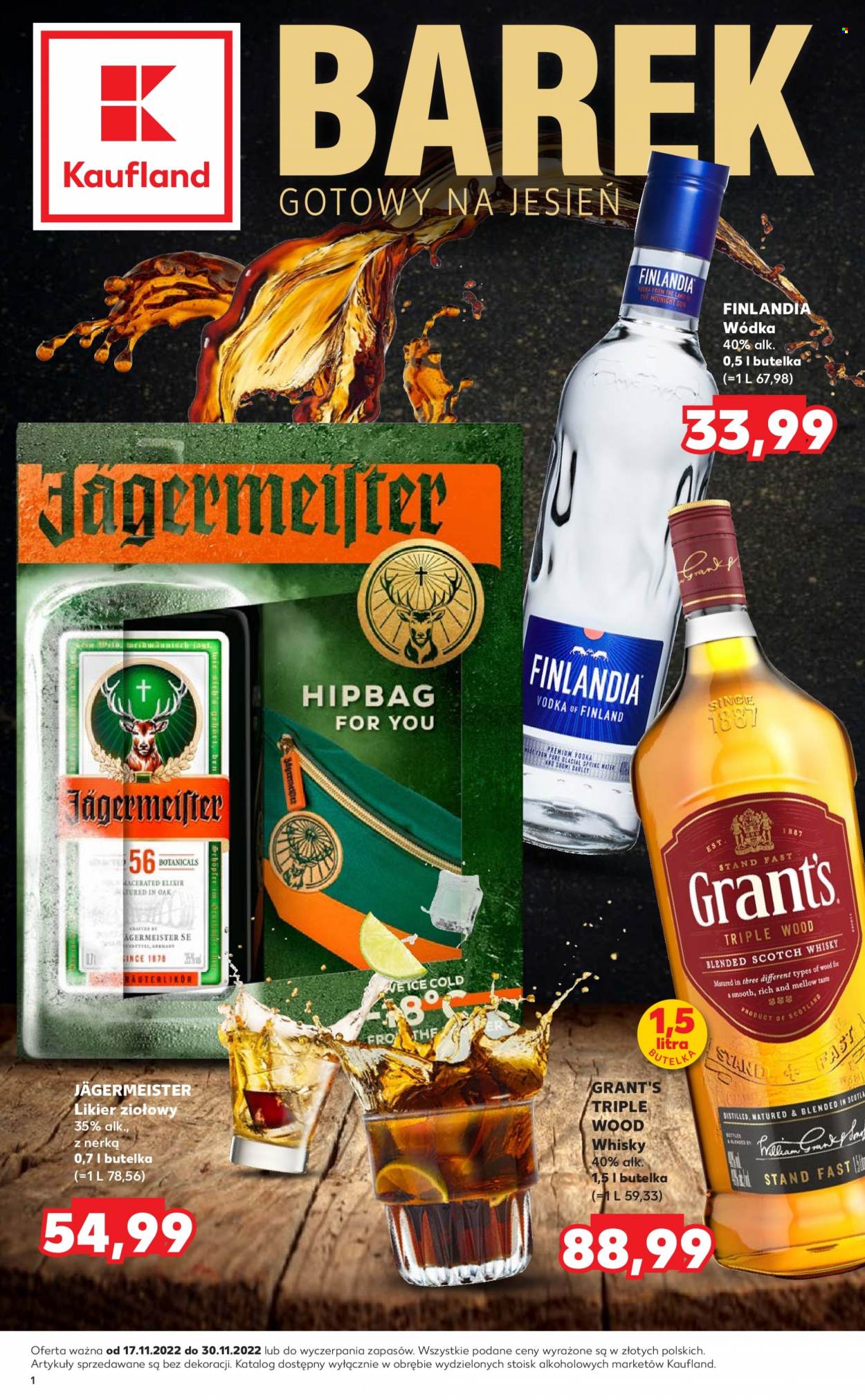 Gazetka Kaufland - 17.11.2022 - 30.11.2022 - Produkty w akcji - alkohole, Finlandia, wódka, Jägermeister, likier, likier ziołowy, Grant's, whisky. Strona 1.
