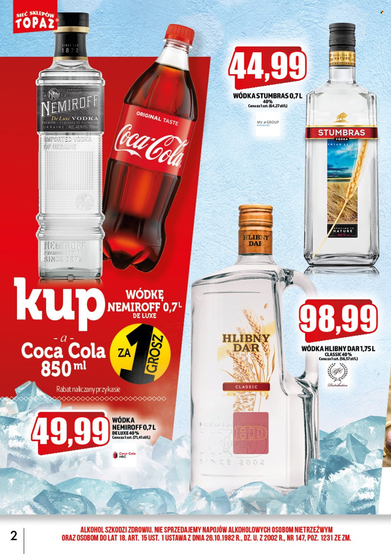 Gazetka Topaz - 1.03.2023 - 31.03.2023 - Produkty w akcji - alkohole, Coca-Cola, napój gazowany, lemoniada, wódka, Hlibny Dar, Nemiroff, Stumbras. Strona 2.