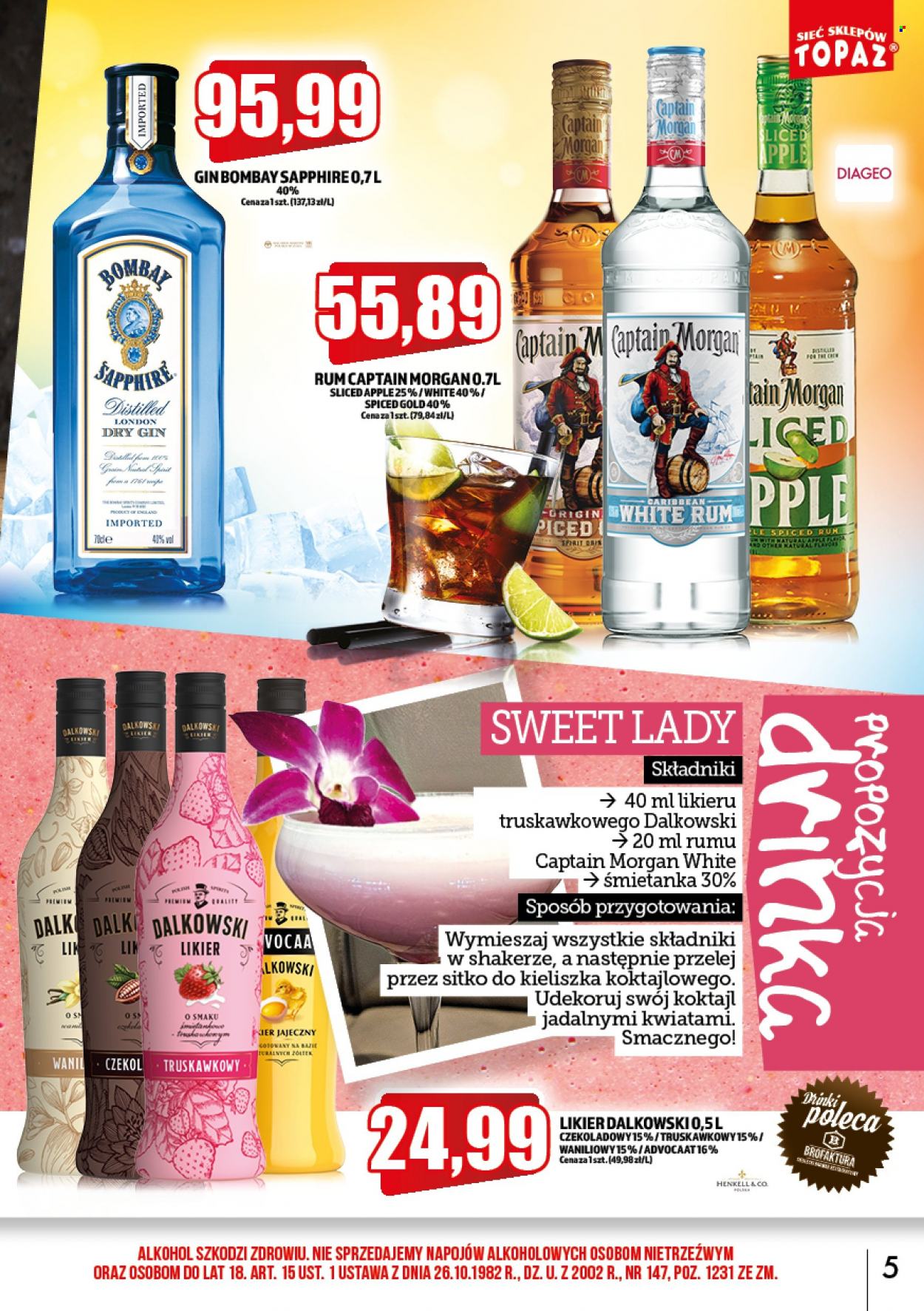 Gazetka Topaz - 1.03.2023 - 31.03.2023 - Produkty w akcji - alkohole, lin, likier jajeczny, likier, rum, Advocaat, Captain Morgan, gin, Bombay Sapphire. Strona 5.