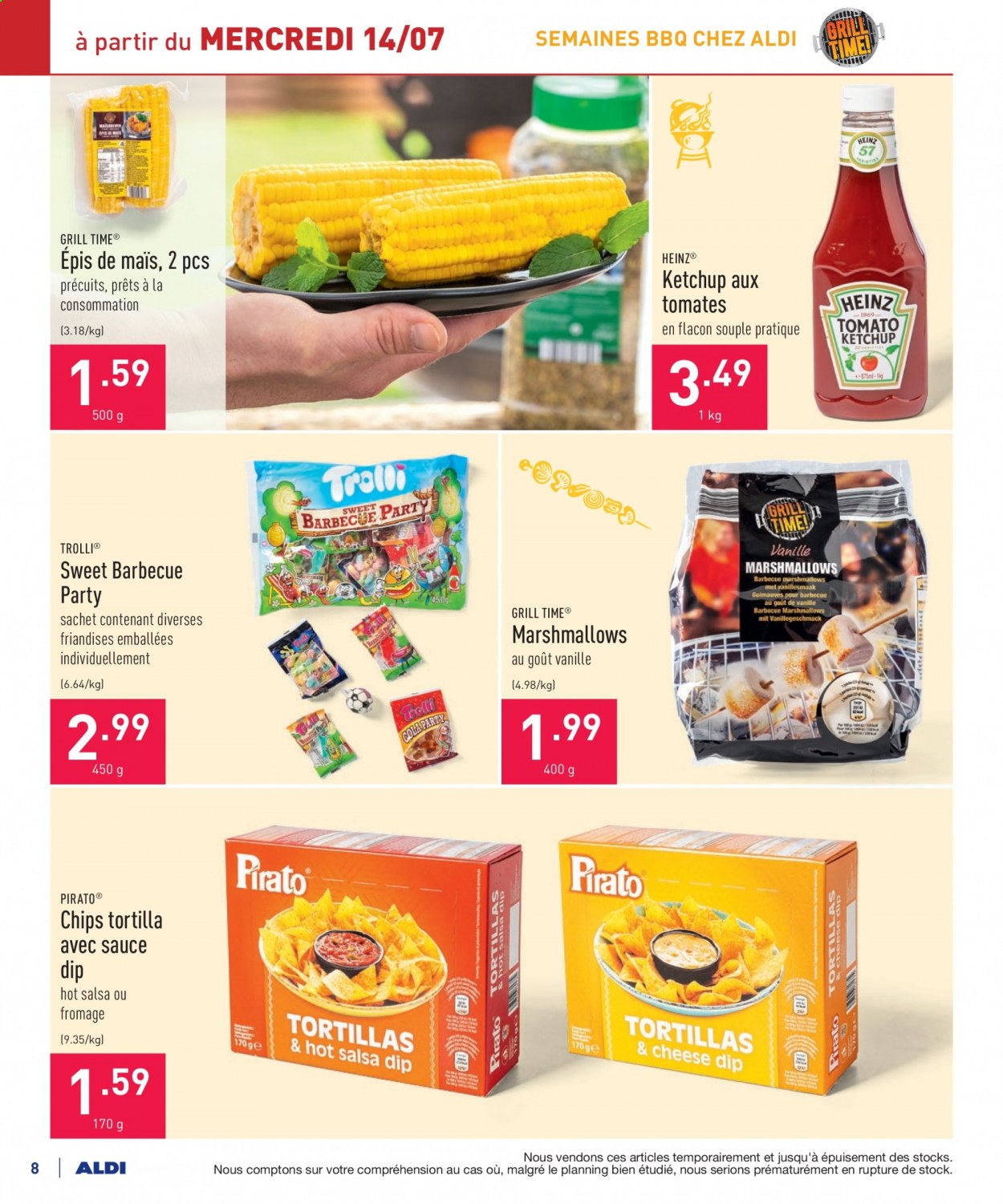 thumbnail - ALDI-aanbieding - 12/07/2021 - 17/07/2021 -  producten in de aanbieding - Heinz, Marshmallows, tortillas, maïs, chips, BBQ. Pagina 8.