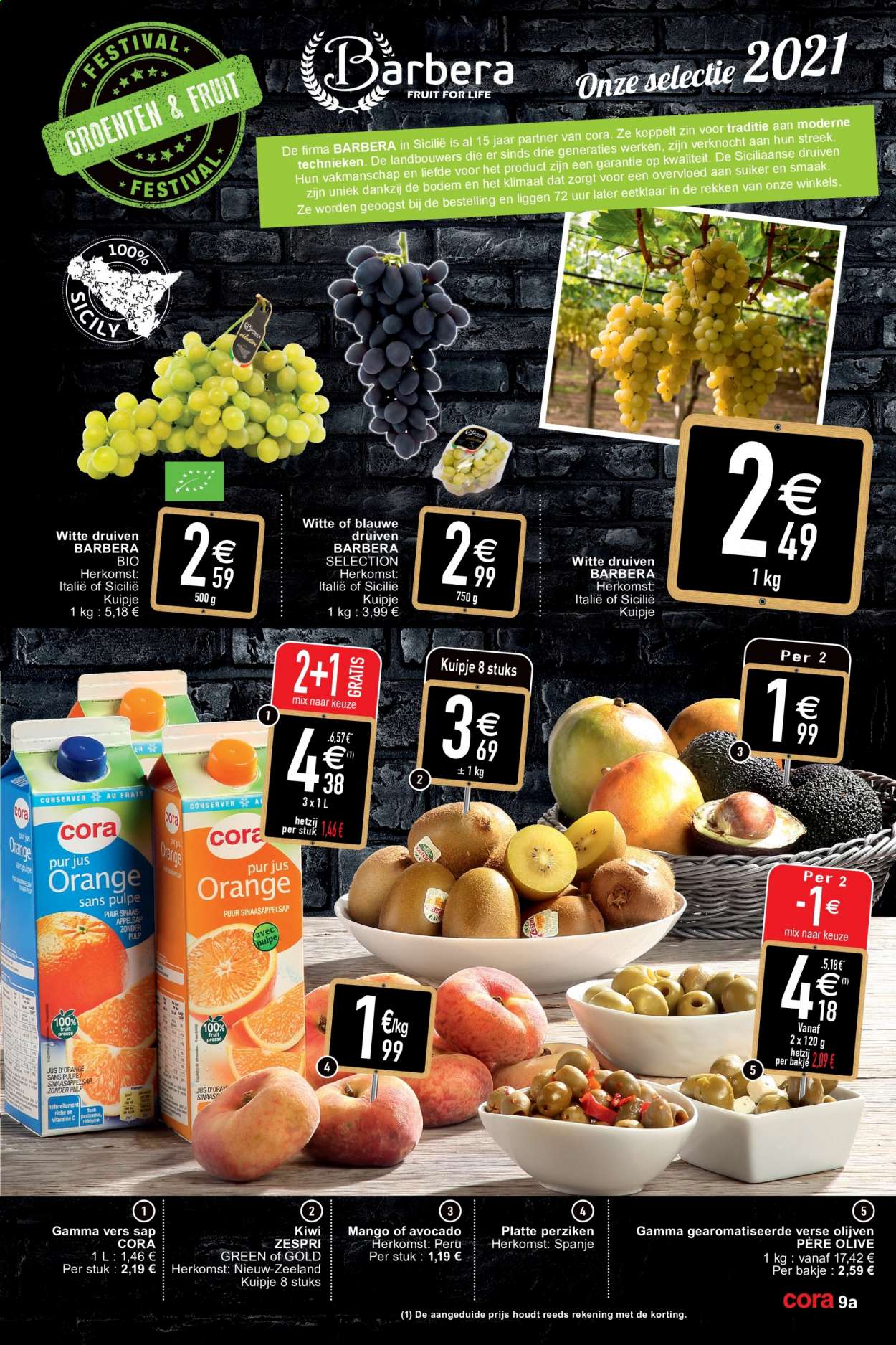 thumbnail - Cora-aanbieding - 13/07/2021 - 19/07/2021 -  producten in de aanbieding - avocado, druiven, olijven, kiwi, mango, Gamma. Pagina 9.