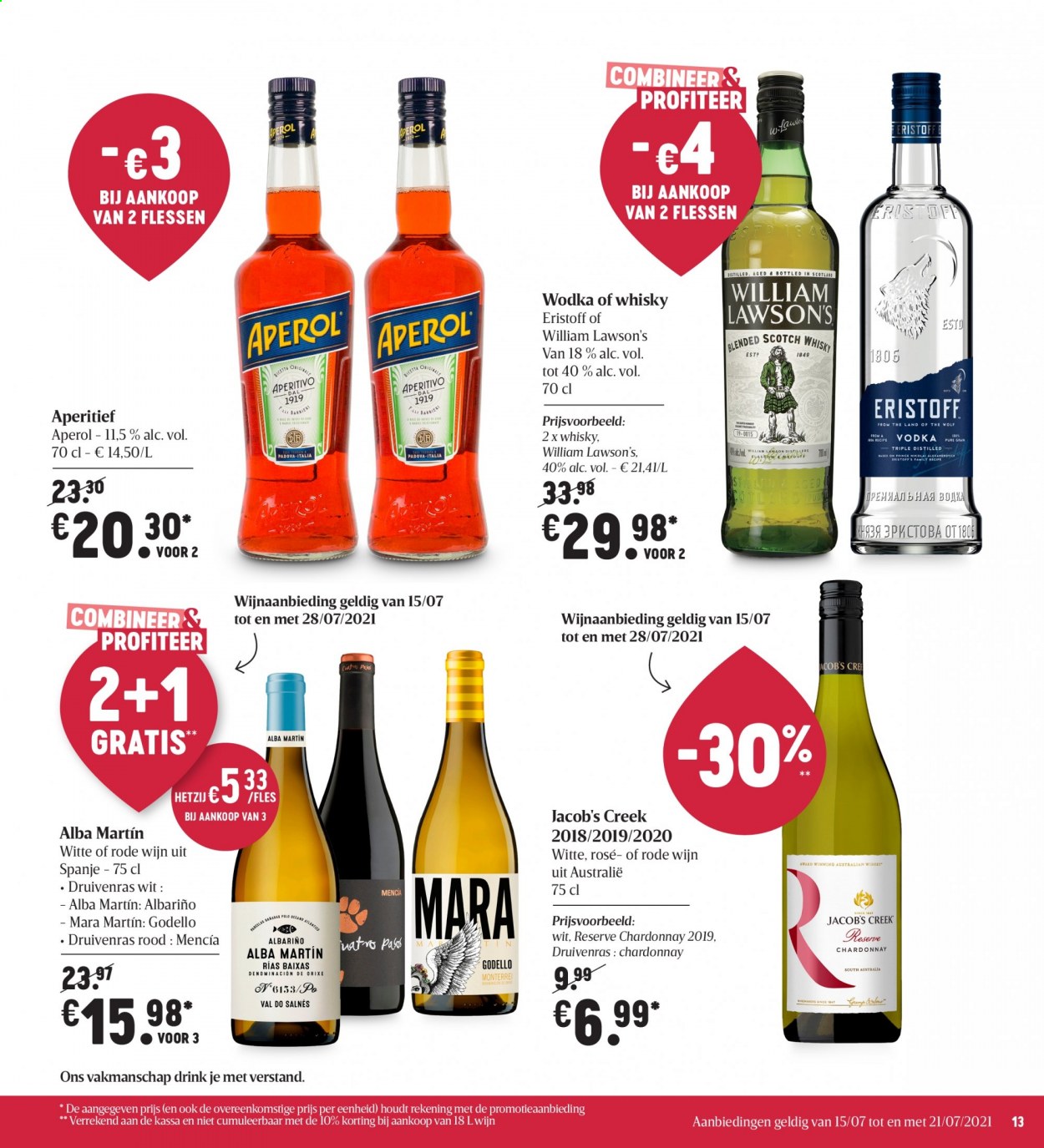 thumbnail - Delhaize-aanbieding - 15/07/2021 - 21/07/2021 -  producten in de aanbieding - Chardonnay, rode wijn, wijn, Aperol, whisky. Pagina 13.