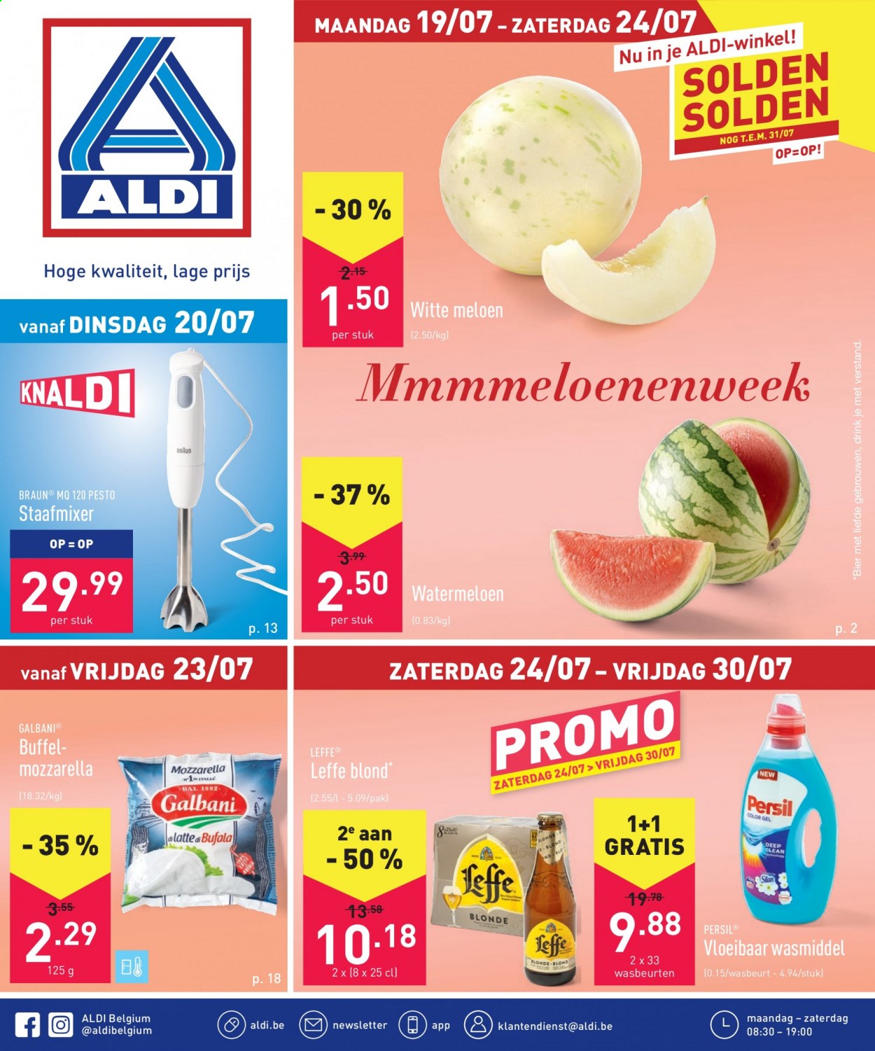 thumbnail - ALDI-aanbieding - 19/07/2021 - 24/07/2021 -  producten in de aanbieding - meloen, wasmiddel, watermeloen, Braun, Leffe, mozzarella, Persil, pesto. Pagina 1.