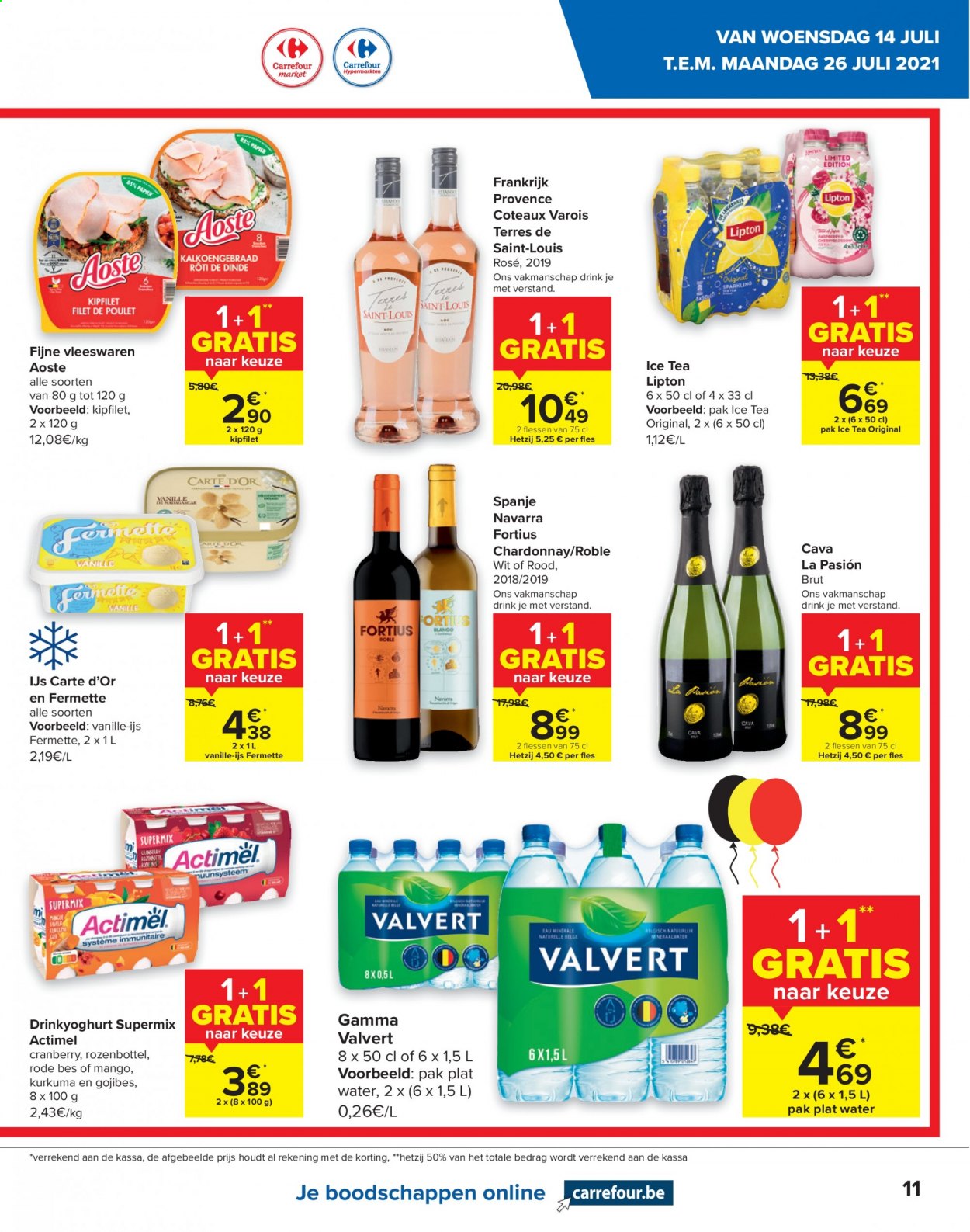 thumbnail - Carrefour-aanbieding - 14/07/2021 - 26/07/2021 -  producten in de aanbieding - Cava, Chardonnay, ice tea, kipfilet, kurkuma, thee, cranberry’s, Lipton, mango, Gamma. Pagina 11.