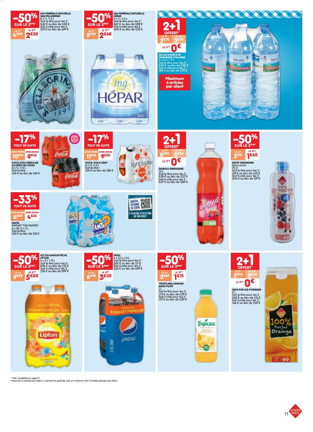 thumbnail - Leader Price-aanbieding - 21/07/2021 - 27/07/2021 -  producten in de aanbieding - ice tea, Pepsi, thee, Grenadine, Fanta, Coca-Cola, Lipton. Pagina 11.