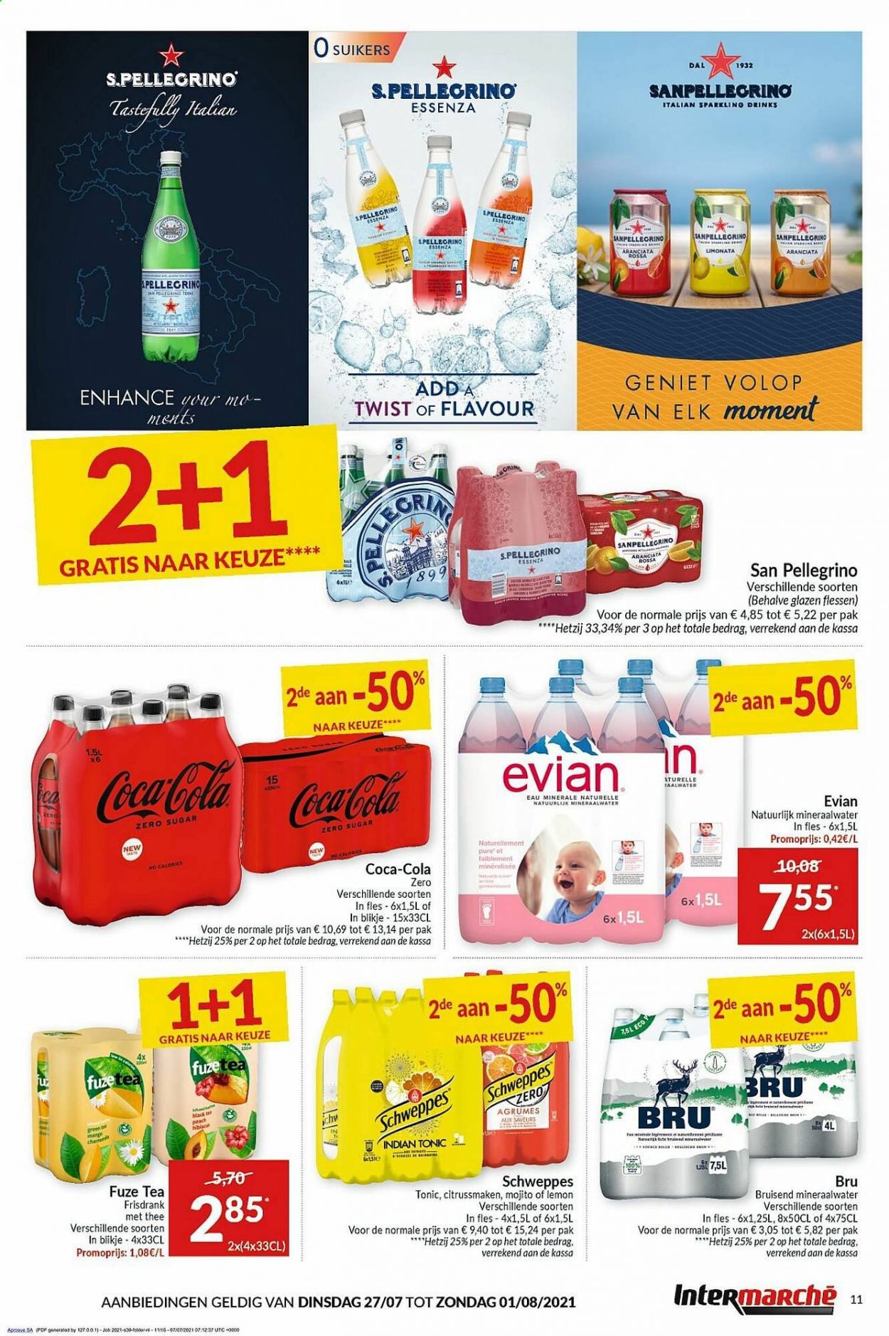 thumbnail - Intermarché-aanbieding - 27/07/2021 - 01/08/2021 -  producten in de aanbieding - mineraalwater, thee, Schweppes, glazen, Coca-Cola. Pagina 11.