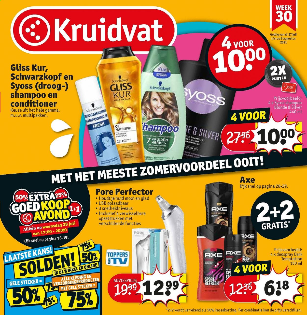 thumbnail - Kruidvat-aanbieding - 27/07/2021 - 08/08/2021 -  producten in de aanbieding - deospray, conditioner, shampoo, Syoss, Schwarzkopf, Gliss Kur, Gamma. Pagina 1.