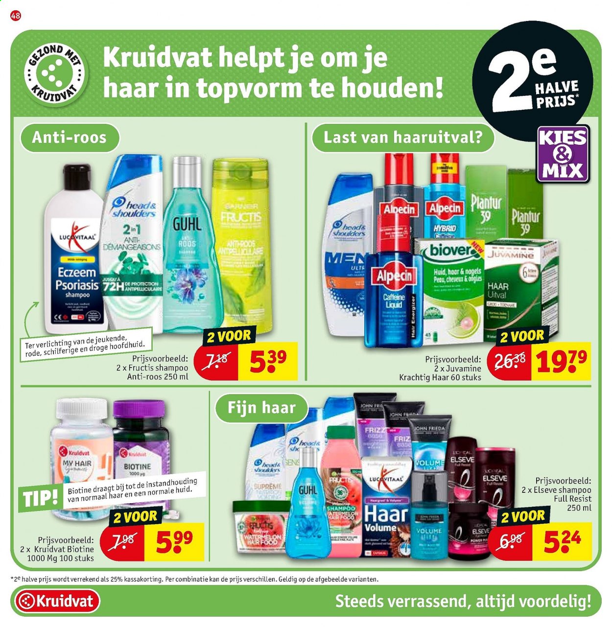 thumbnail - Kruidvat-aanbieding - 27/07/2021 - 08/08/2021 -  producten in de aanbieding - anti-roos, biotine, Lucovitaal, HEAD, shampoo, Elseve, Fructis. Pagina 48.