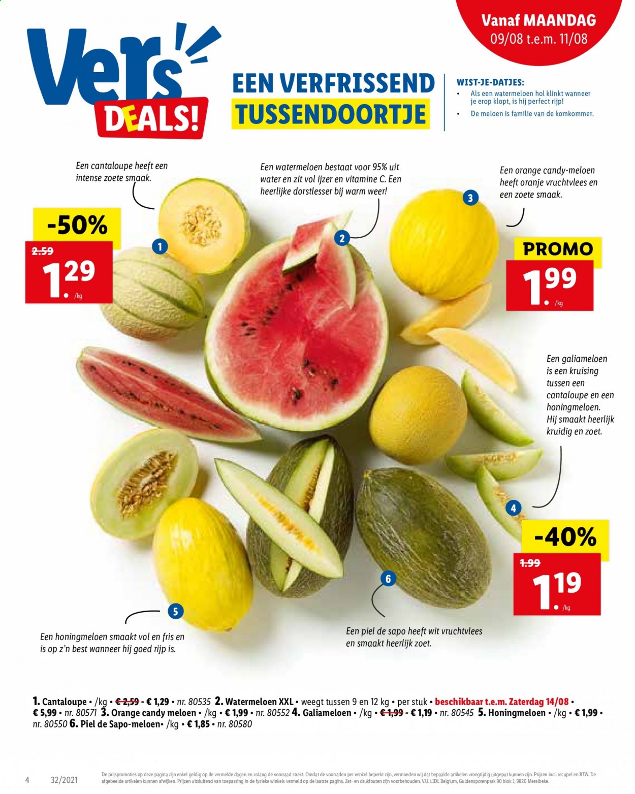 thumbnail - Lidl-aanbieding - 09/08/2021 - 14/08/2021 -  producten in de aanbieding - cantaloupe, honingmeloen, komkommer, meloen, oranje, watermeloen, vitamine. Pagina 4.
