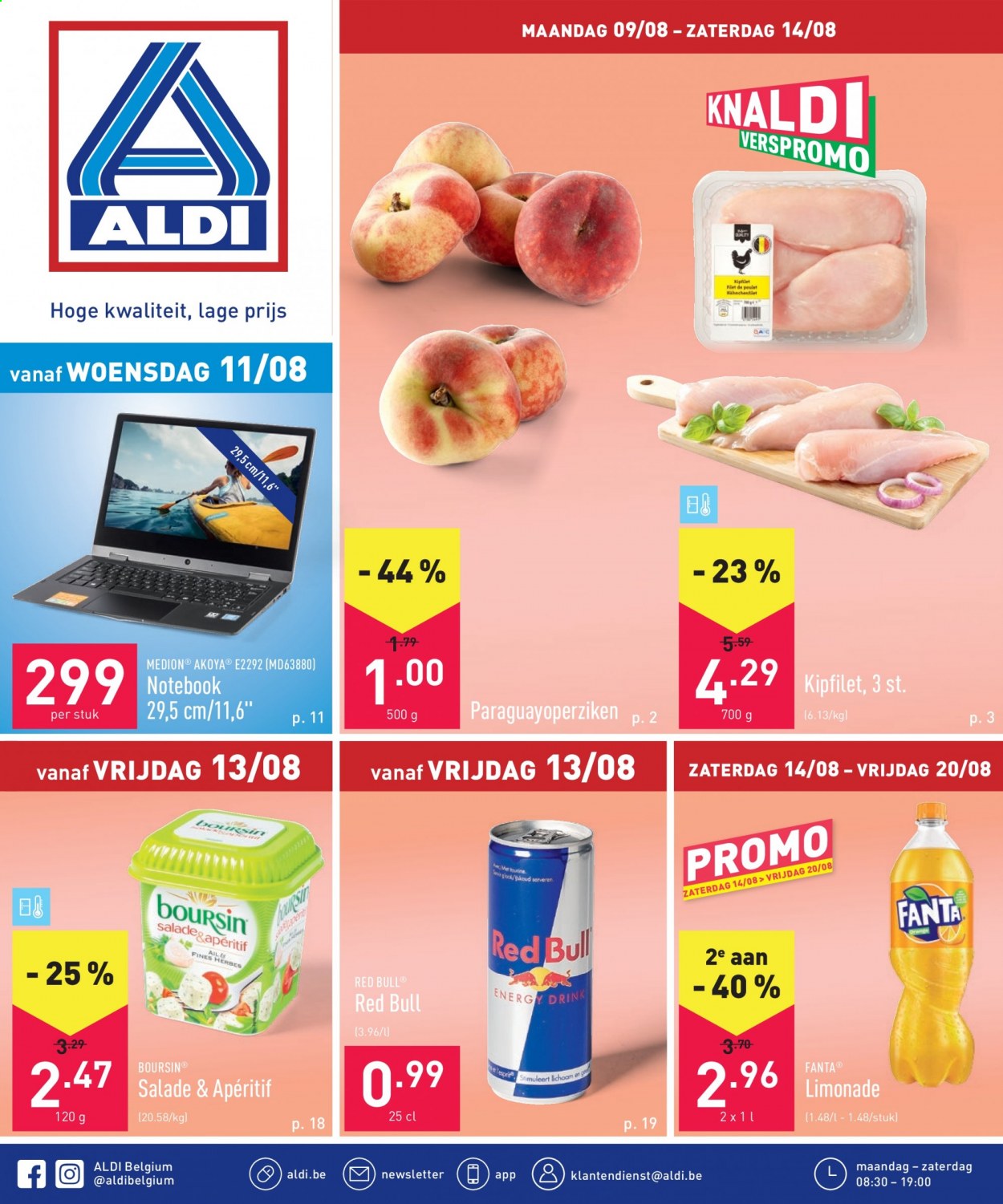 thumbnail - ALDI-aanbieding - 09/08/2021 - 14/08/2021 -  producten in de aanbieding - kipfilet, Red Bull, Fanta, Boursin. Pagina 1.