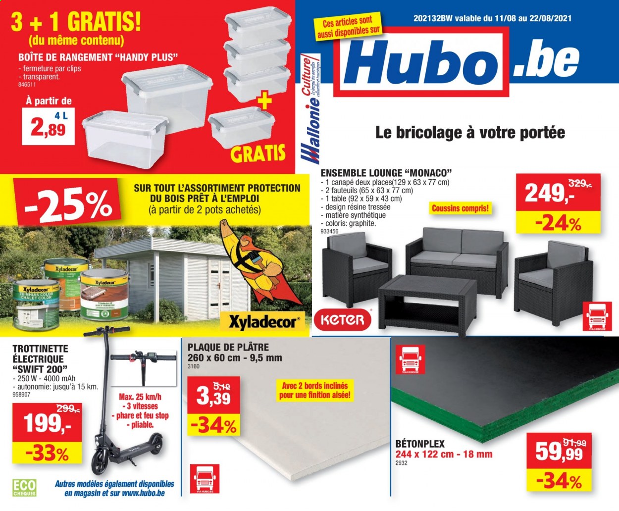 thumbnail - Catalogue Hubo - 11/08/2021 - 22/08/2021 - Produits soldés - trottinette, trottinette électrique, plaque de plâtre, boîte de rangement. Page 1.